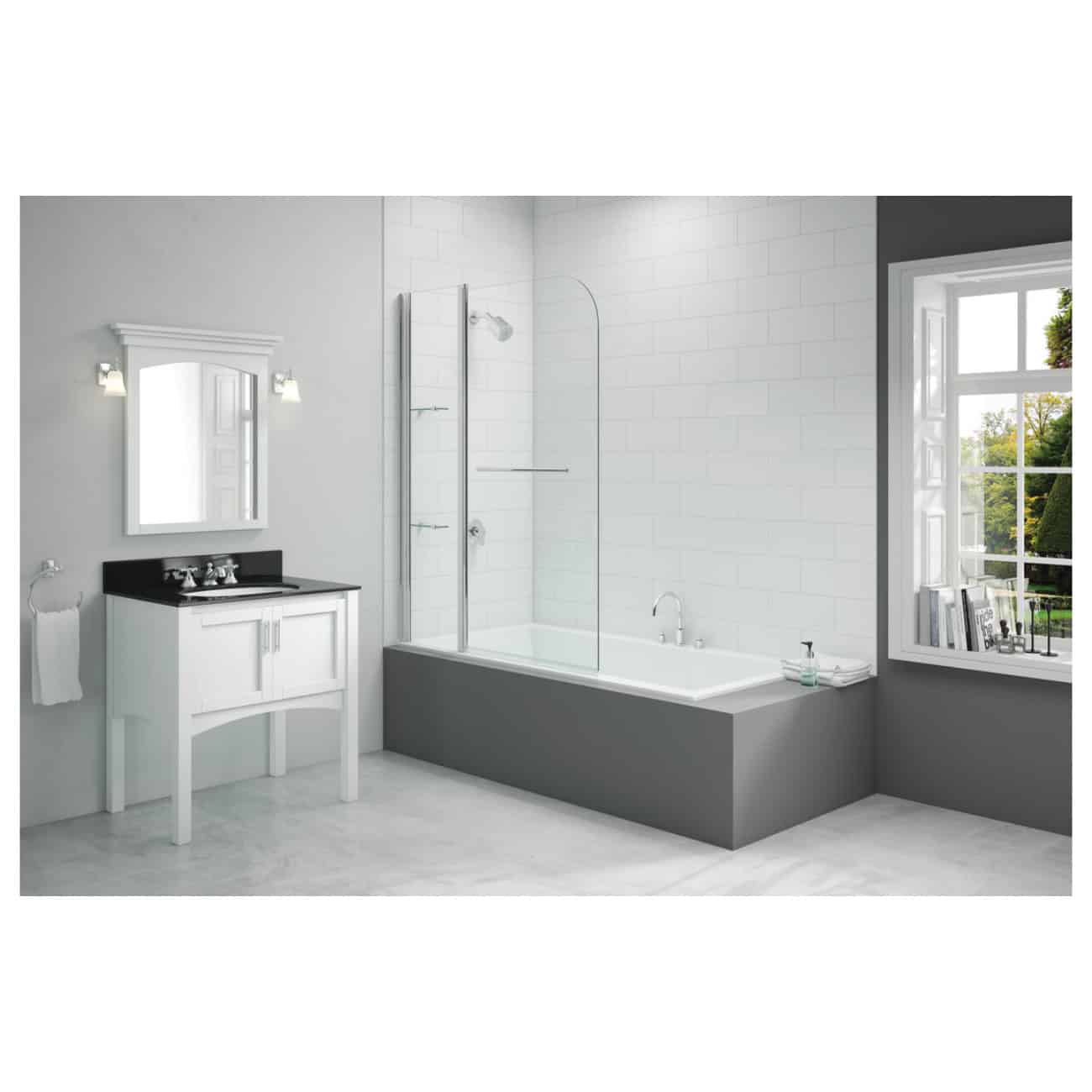 Modern minimalist bathroom with white brick walls, bathtub with glass shower screen, black vanity with white sink, classic mirror with light, large open window with greenery outside, contemporary bathroom design.