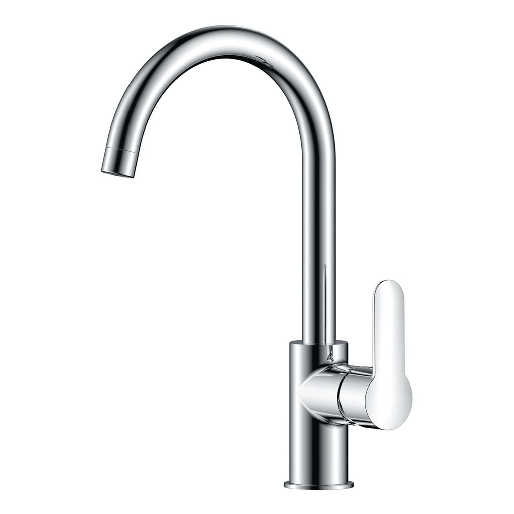 Polished chrome kitchen or bathroom tap with modern curved spout and lever handle, ideal for contemporary bathroom designs.