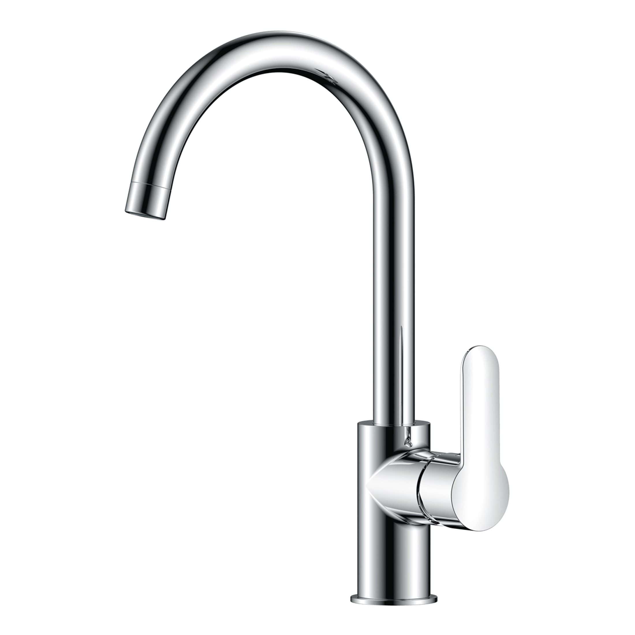 Polished chrome kitchen or bathroom tap with modern curved spout and lever handle, ideal for contemporary bathroom designs.