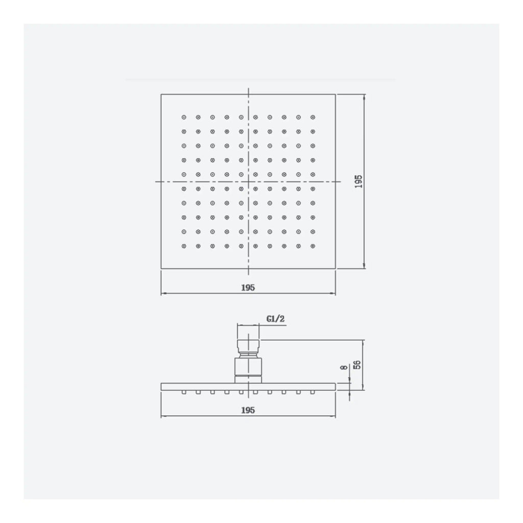 Large square rainfall showerhead with adjustable arm, modern bathroom fixture, 195mm dimensions, water flow holes detailed in technical drawing.