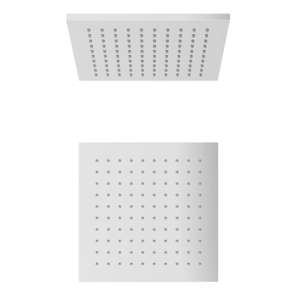 Polished square shower head with multiple nozzles, modern bathroom design.