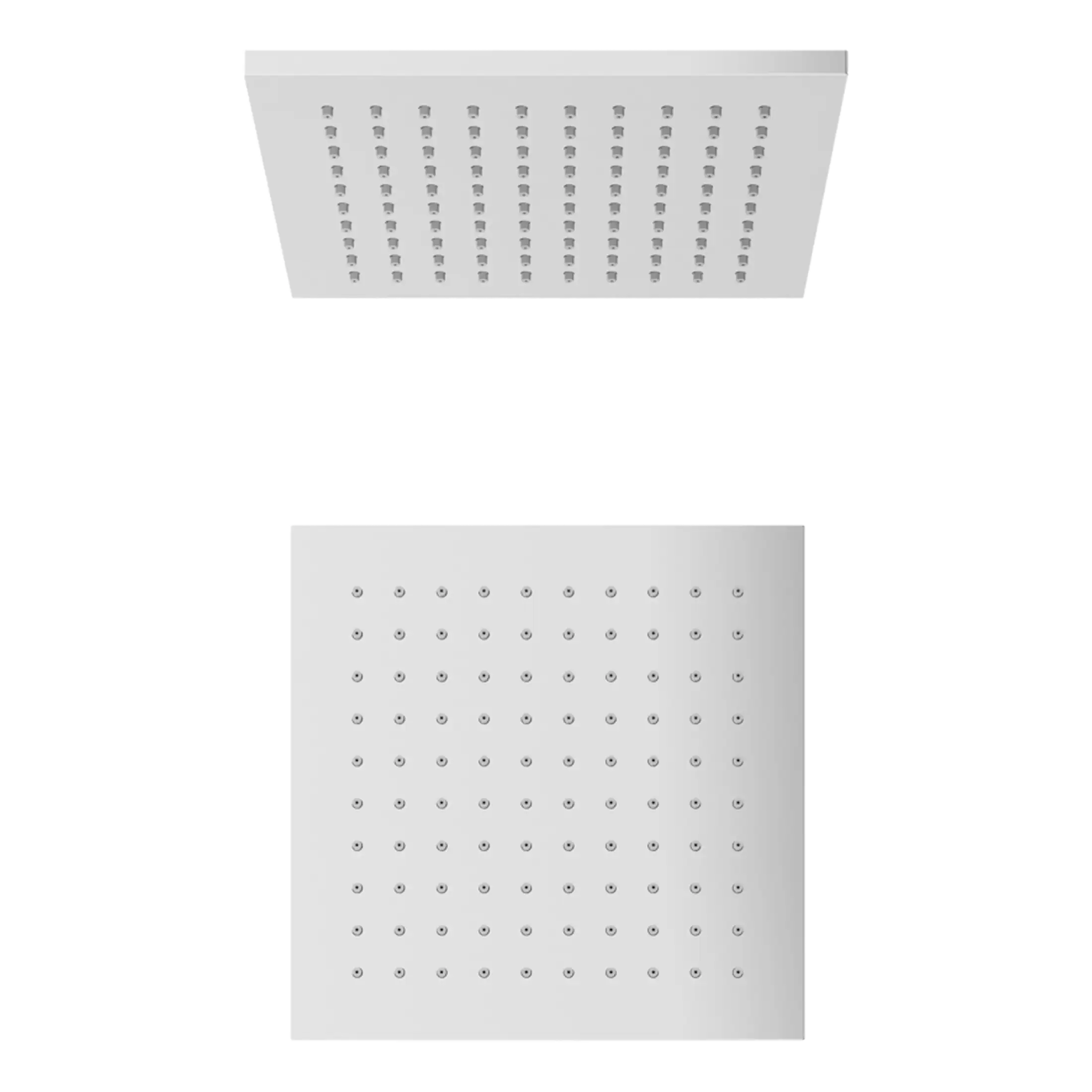 Polished square shower head with multiple nozzles, modern bathroom design.