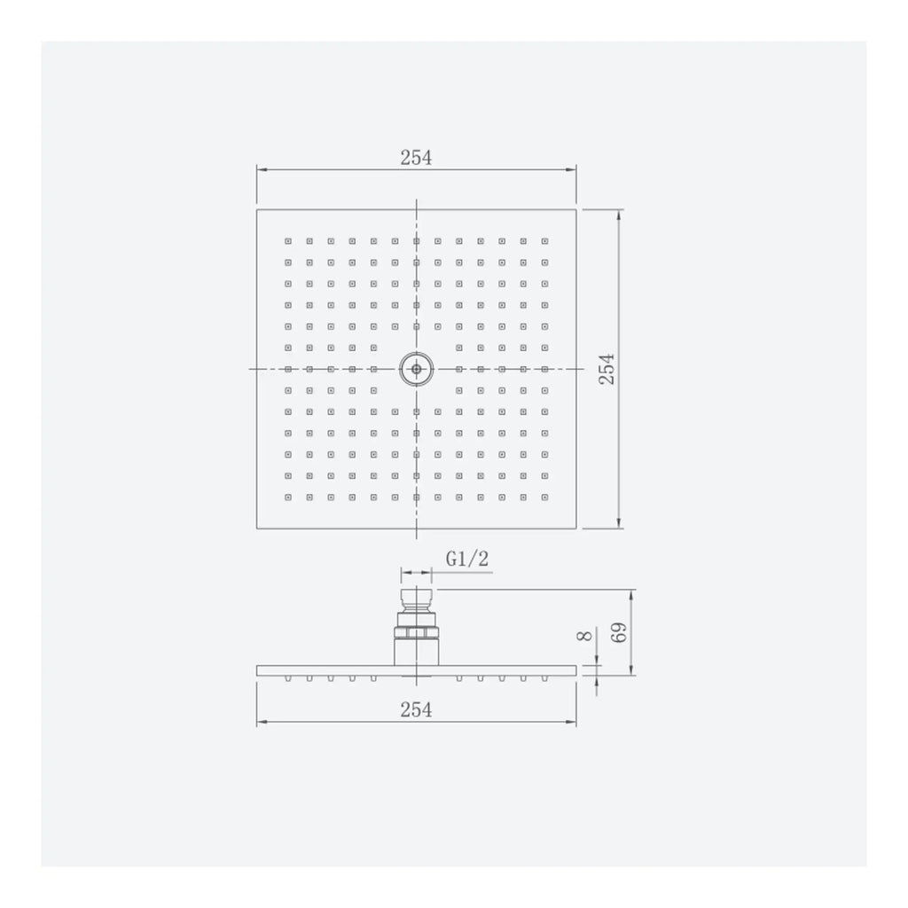 High-quality shower head technical drawing with detailed dimensions, perfect for bathroom renovation projects, showcasing modern bathroom fixtures from Bubly Bathrooms UK.