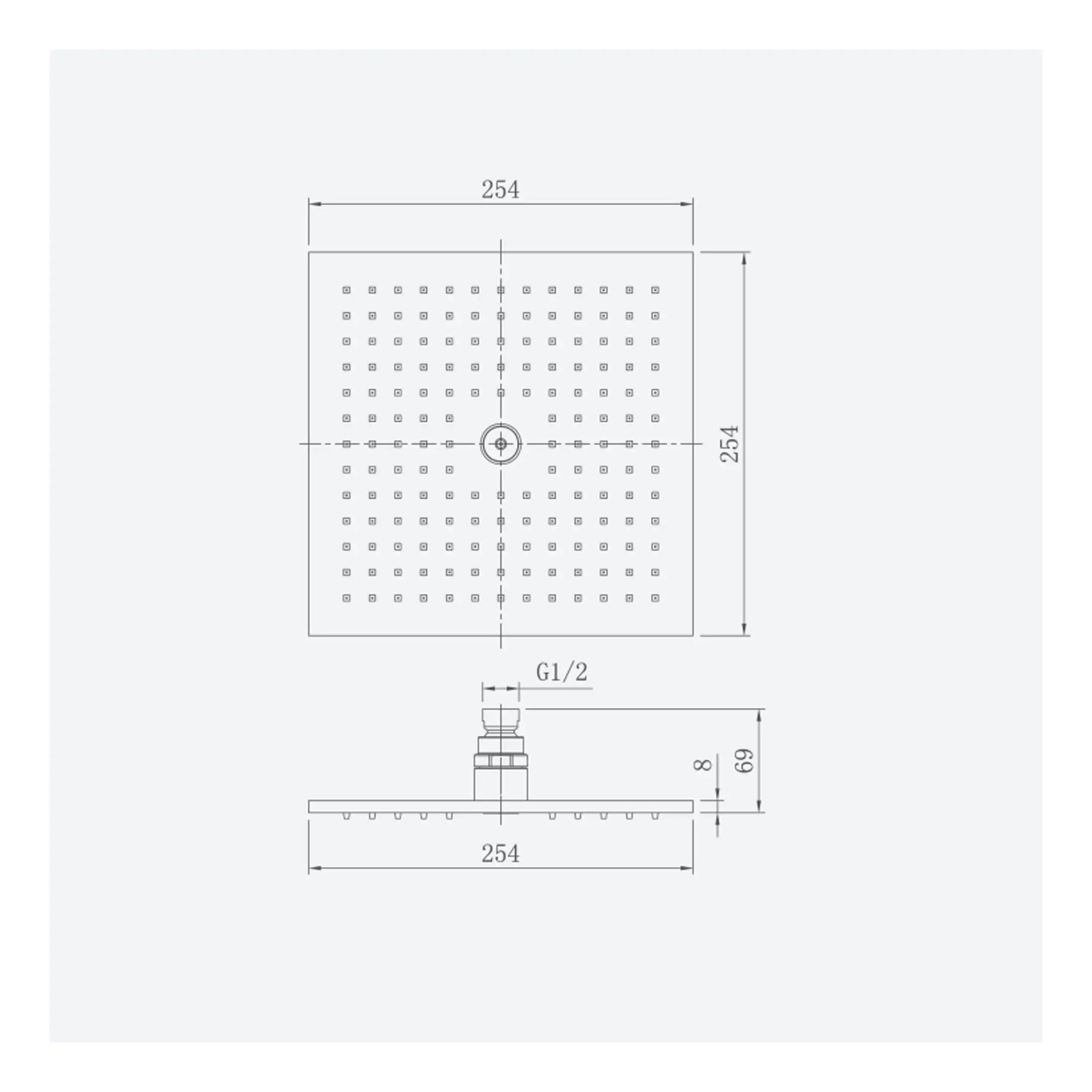 High-quality shower head technical drawing with detailed dimensions, perfect for bathroom renovation projects, showcasing modern bathroom fixtures from Bubly Bathrooms UK.