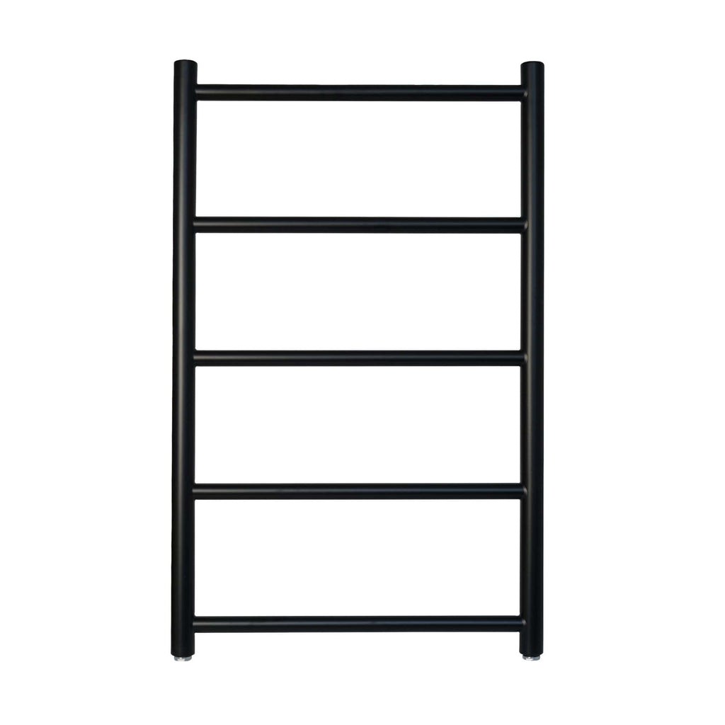 Slim black towel radiator for bathroom heating and towel drying, featuring modern design and durable metal construction. Ideal for contemporary bathroom decor and efficient warmth.
