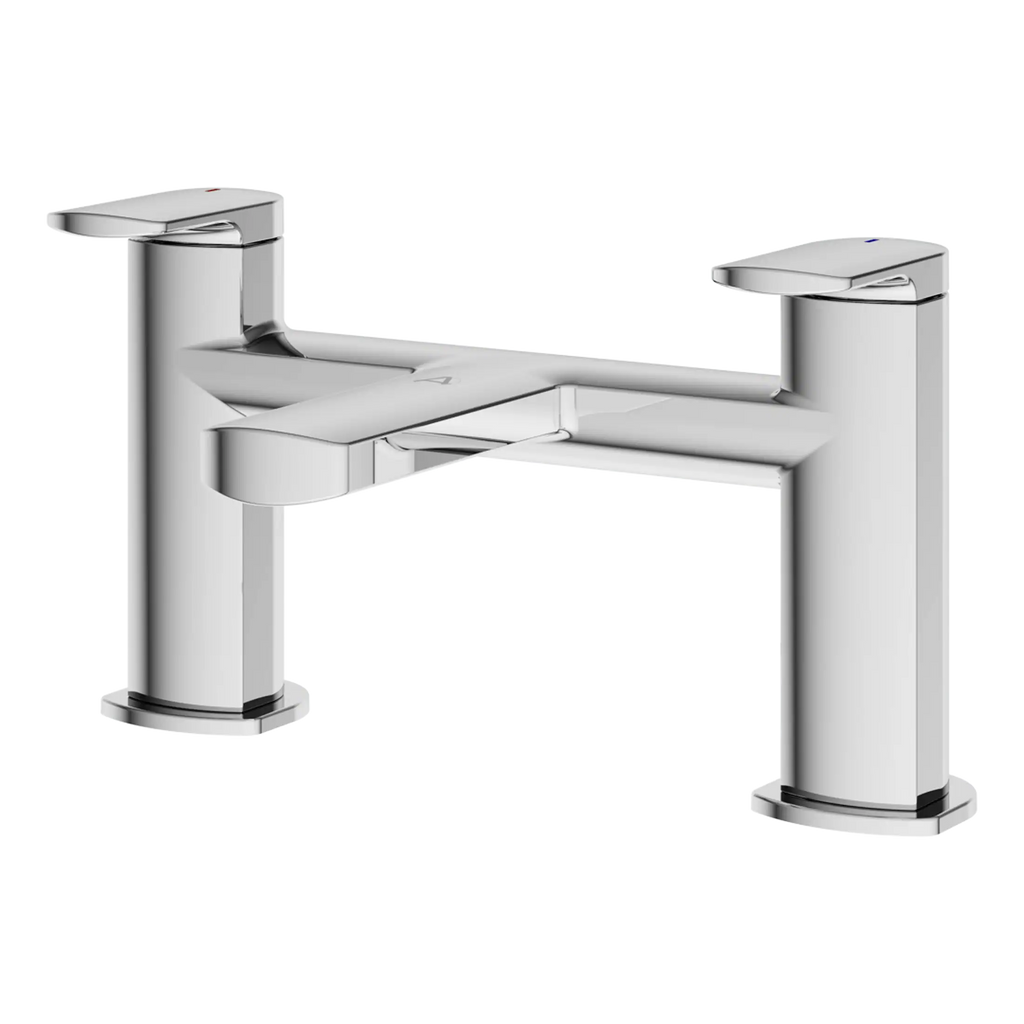 Modern chrome bathroom mixer tap with dual handles for sink or bathtub, sleek design, high-quality finish, ideal for contemporary bathroom fixtures.