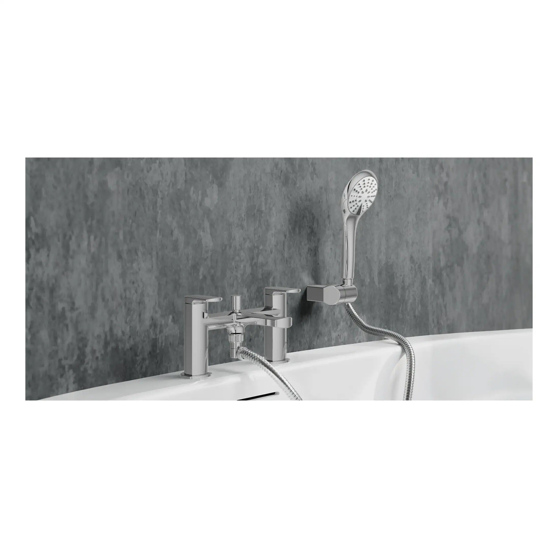 Sleek modern chrome bathroom tap with handheld shower attachment installed on a white bathtub, featuring a contemporary design for stylish bathroom fixtures.