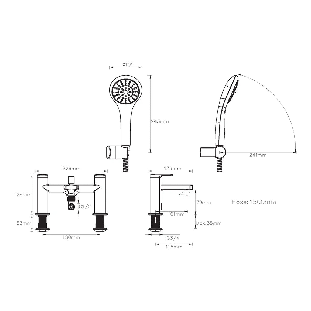 Deluxe bathroom multi-part fixture set, including detailed technical drawings and measurements for shower and tap installation, perfect for modern bathroom renovation projects.