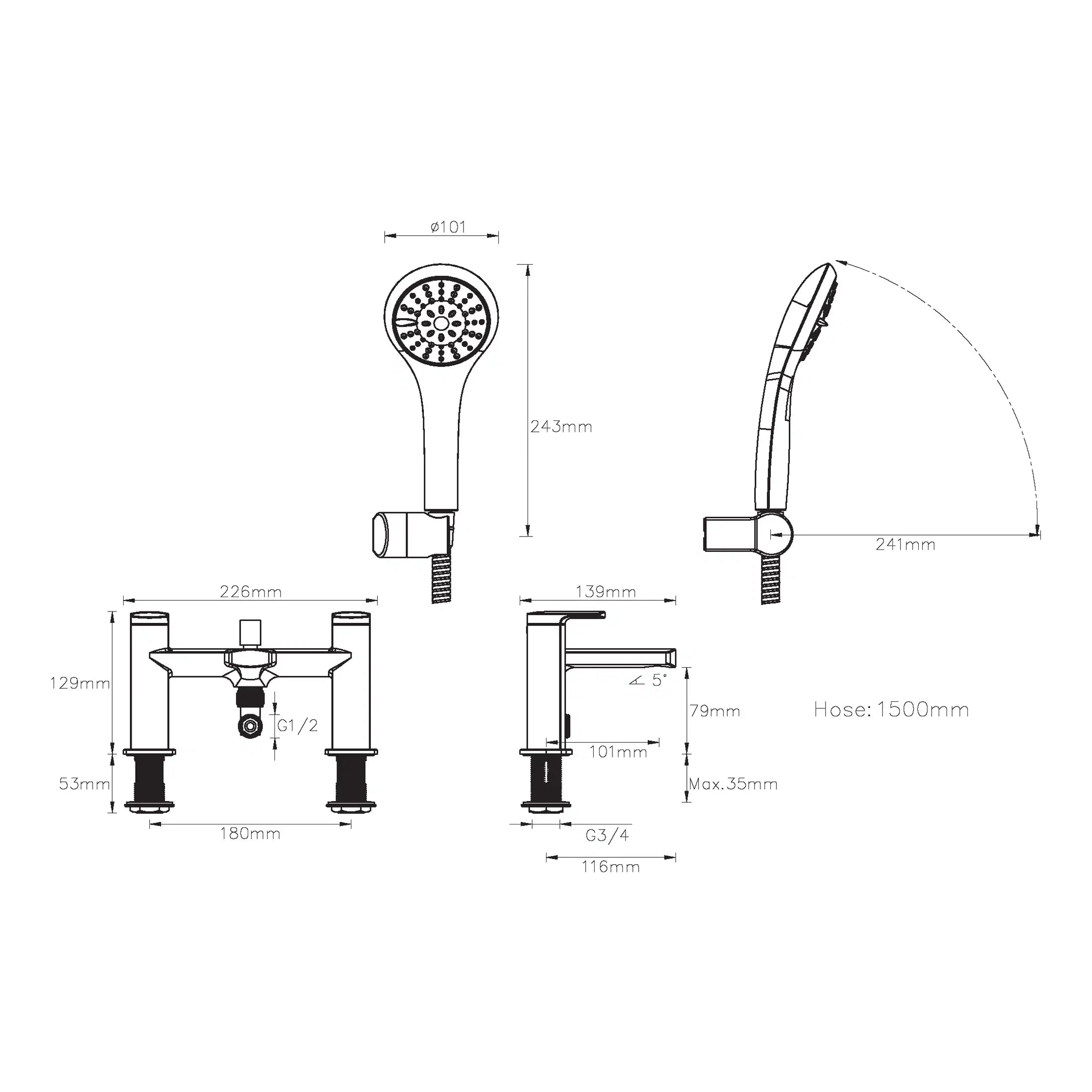 Deluxe bathroom multi-part fixture set, including detailed technical drawings and measurements for shower and tap installation, perfect for modern bathroom renovation projects.