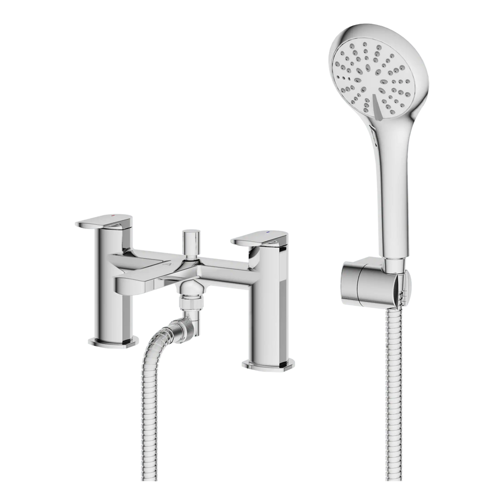 Modern chrome bathroom tap and handheld shower head set for luxury washbasin and bath fittings. Ideal for contemporary bathroom designs with high-quality materials.