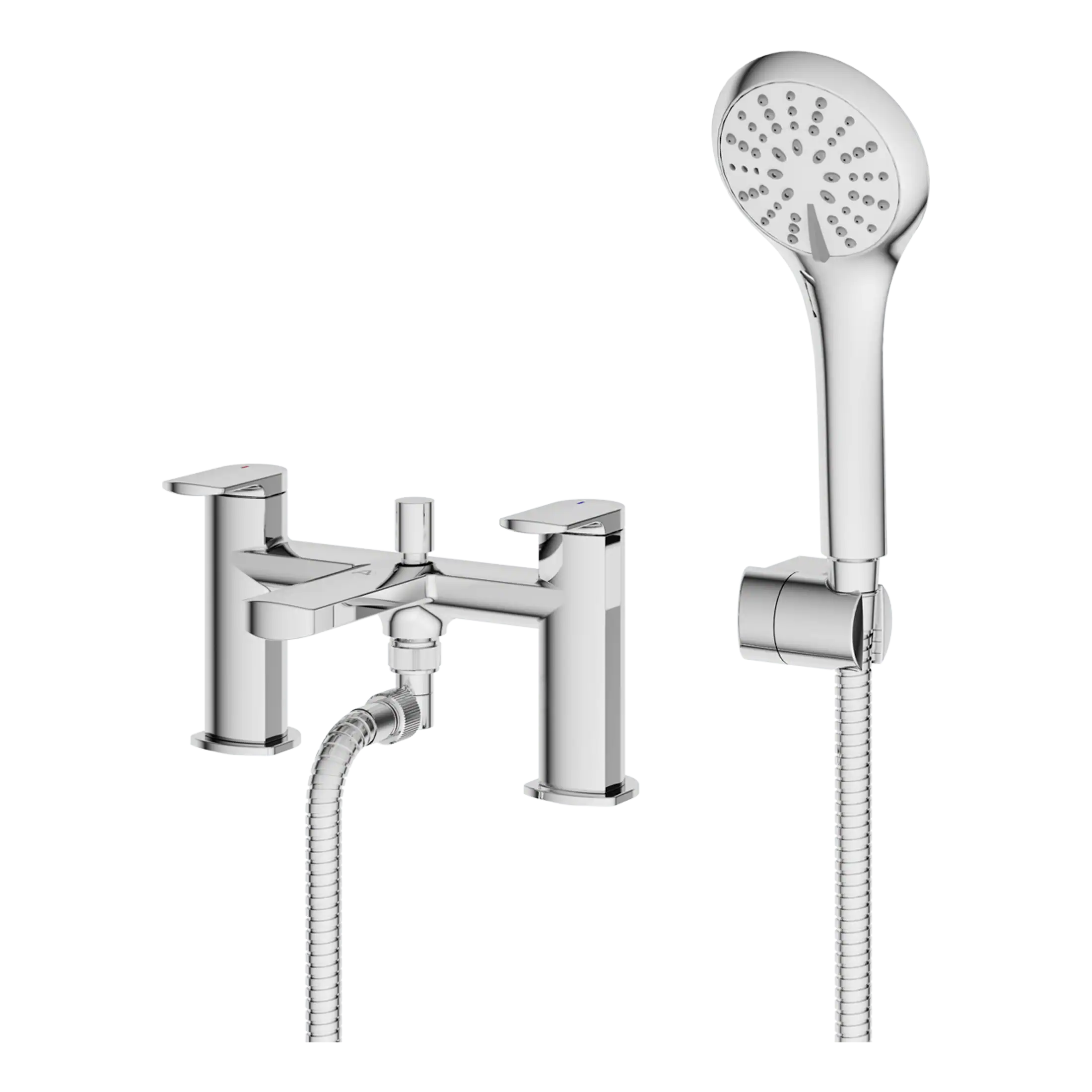 Modern chrome bathroom tap and handheld shower head set for luxury washbasin and bath fittings. Ideal for contemporary bathroom designs with high-quality materials.