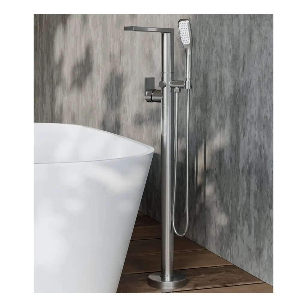 Polished stainless steel freestanding bathroom shower and bathtub filler with hand-held showerhead, modern bathroom fixtures, and sleek design for luxurious Bubly Bathrooms.