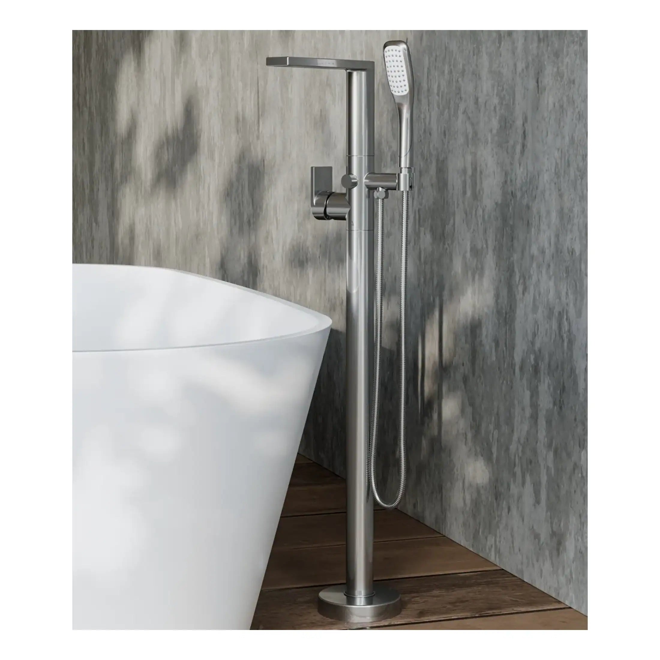 Polished stainless steel freestanding bathroom shower and bathtub filler with hand-held showerhead, modern bathroom fixtures, and sleek design for luxurious Bubly Bathrooms.