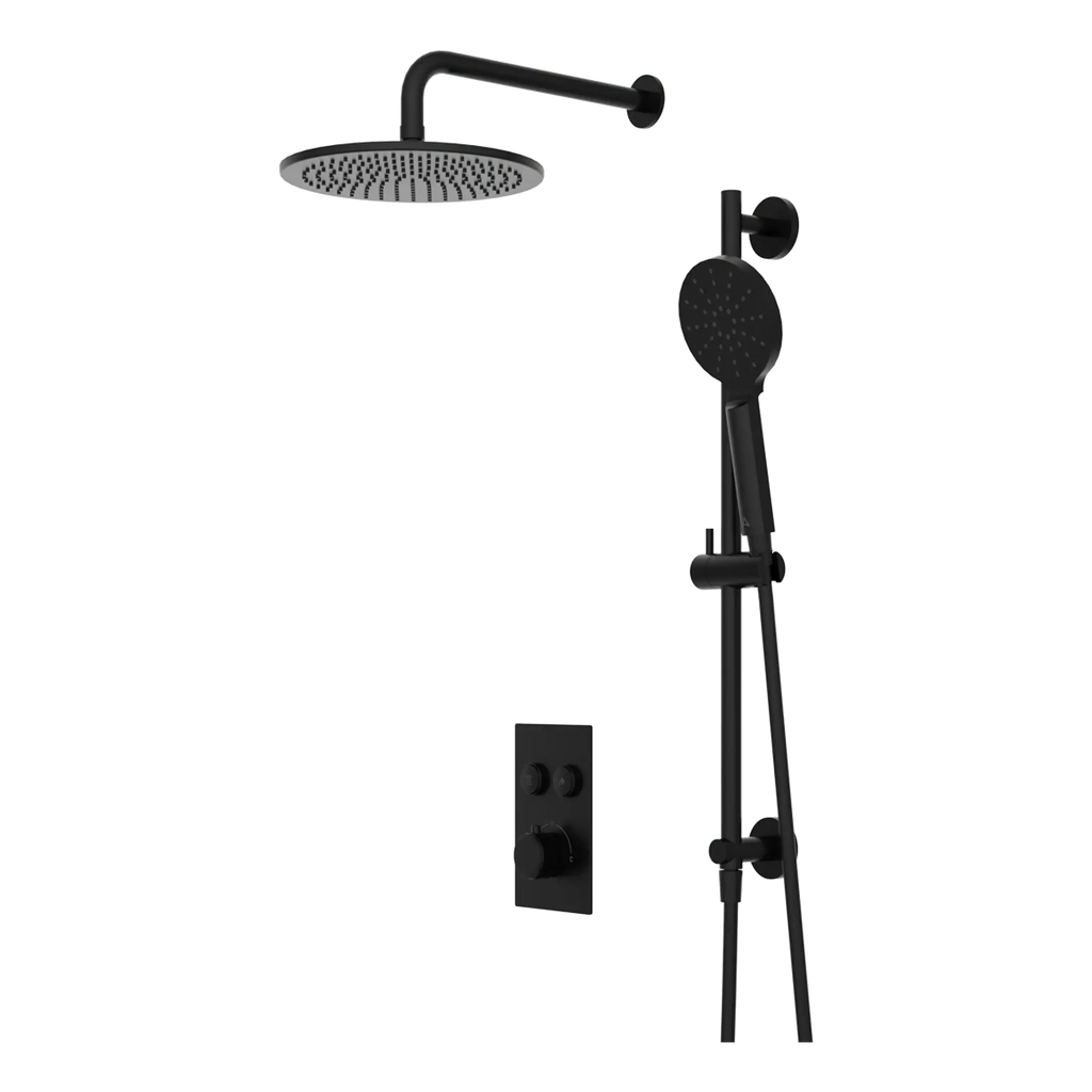 Shower system with overhead rain shower, handheld shower head, and wall-mounted controls in matte black finish. Perfect for modern bathroom upgrades by Bubly Bathrooms.