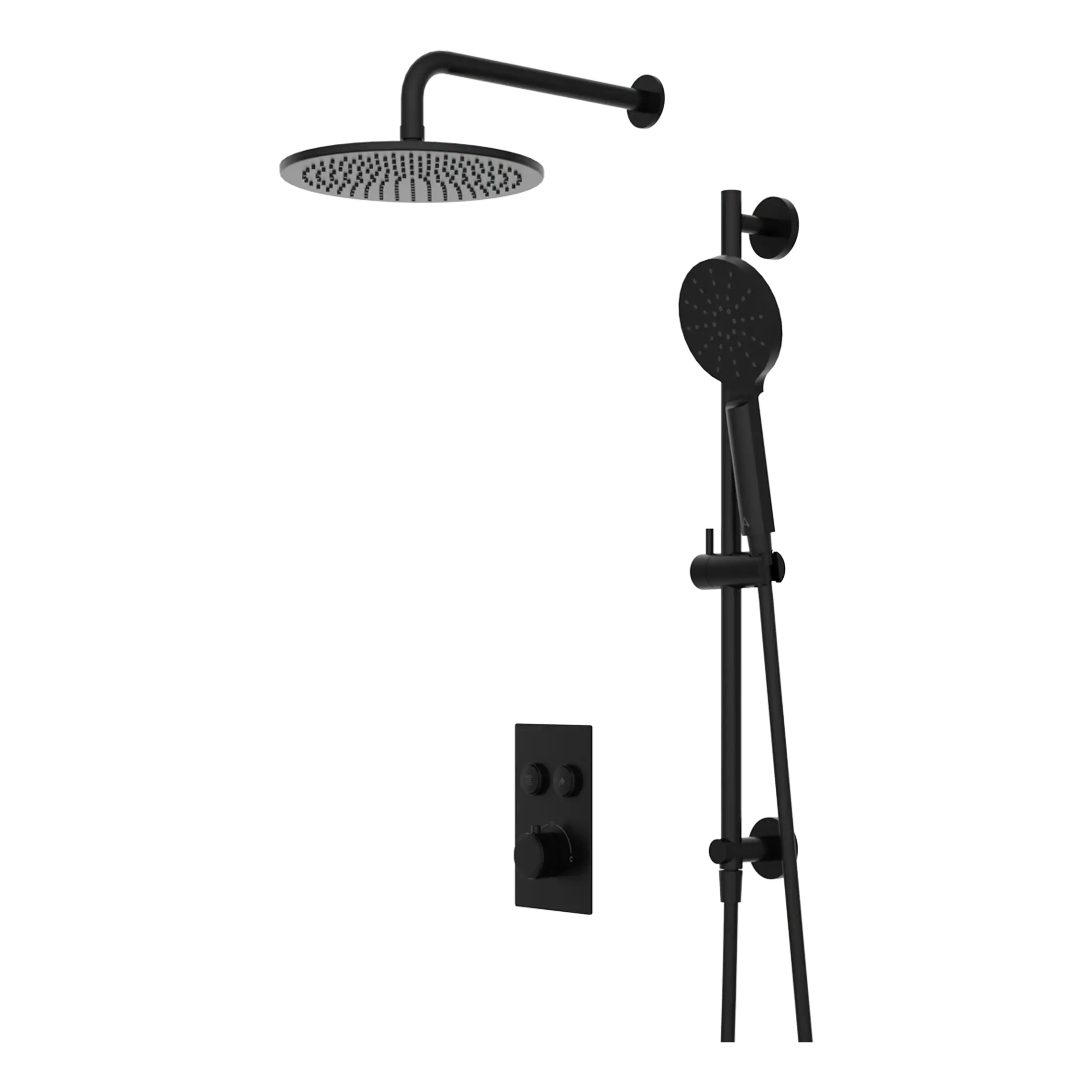 Shower system with overhead rain shower, handheld shower head, and wall-mounted controls in matte black finish. Perfect for modern bathroom upgrades by Bubly Bathrooms.