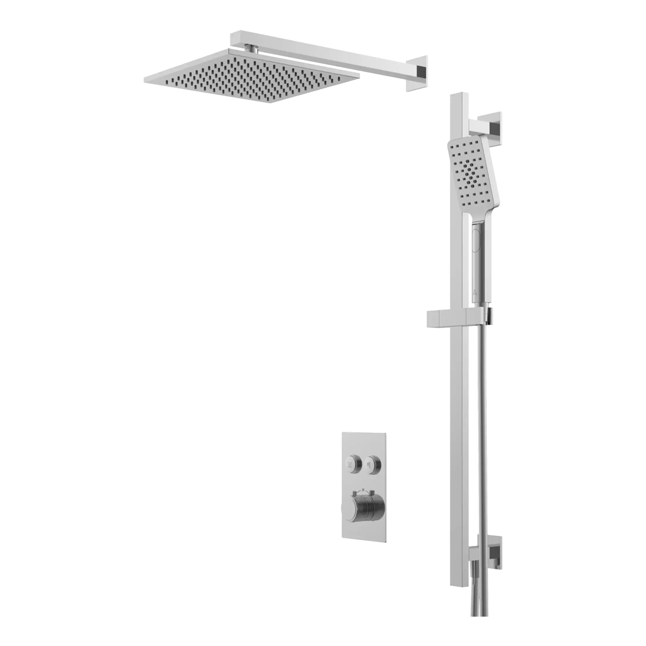 Light grey electric bathroom towel warmer with an overhead rainfall showerhead and handheld shower attachment, modern heated towel rails for luxury bathrooms.