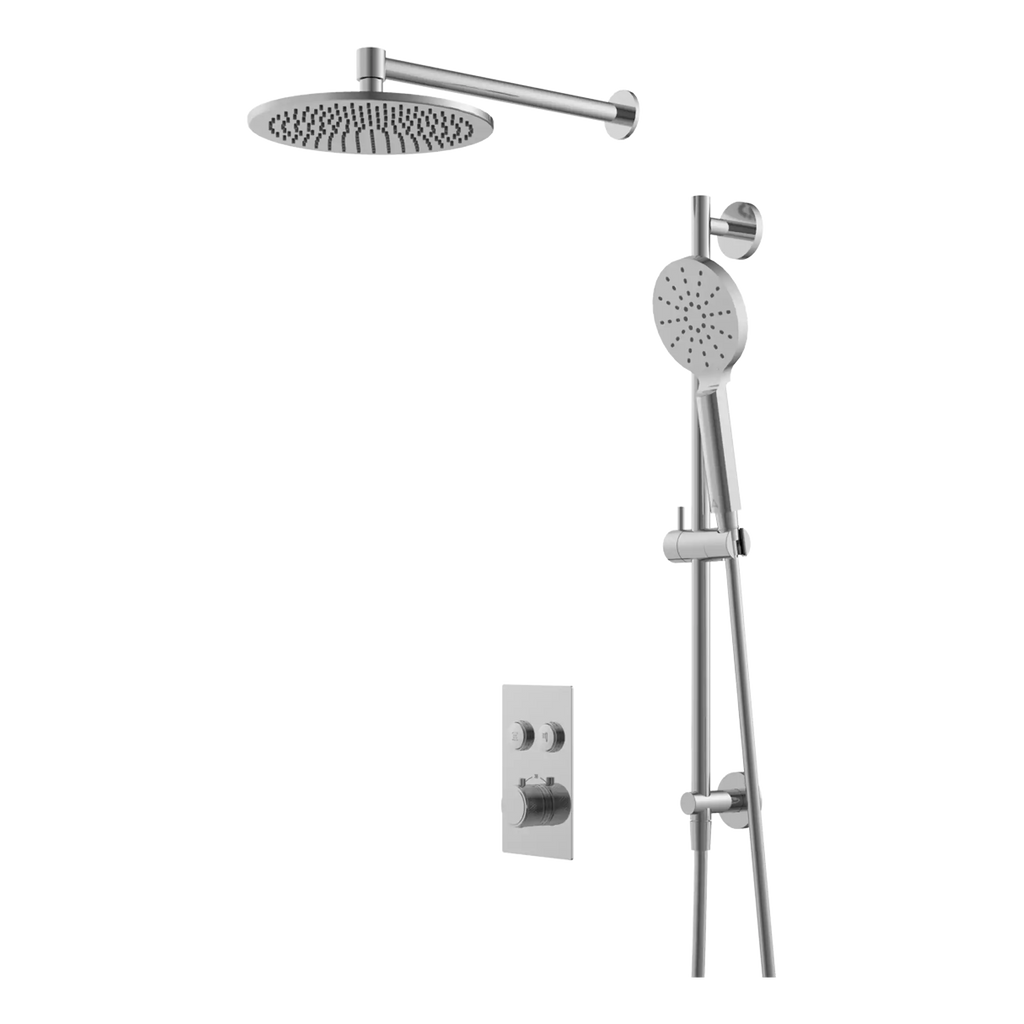 Sleek modern chrome shower system with overhead rain shower and adjustable hand shower, perfect for luxury bathroom renovations and shower upgrades.
