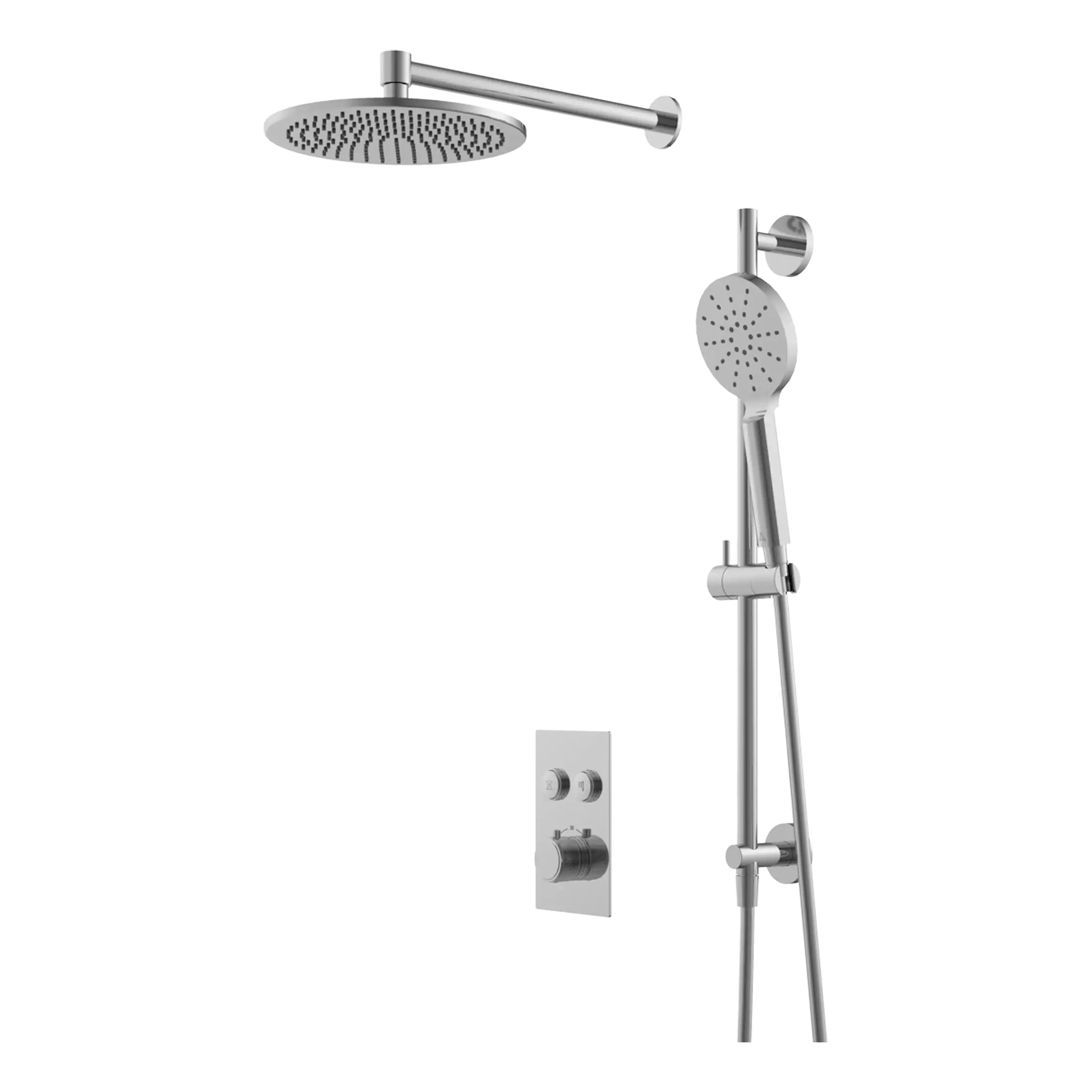 Sleek modern chrome shower system with overhead rain shower and adjustable hand shower, perfect for luxury bathroom renovations and shower upgrades.