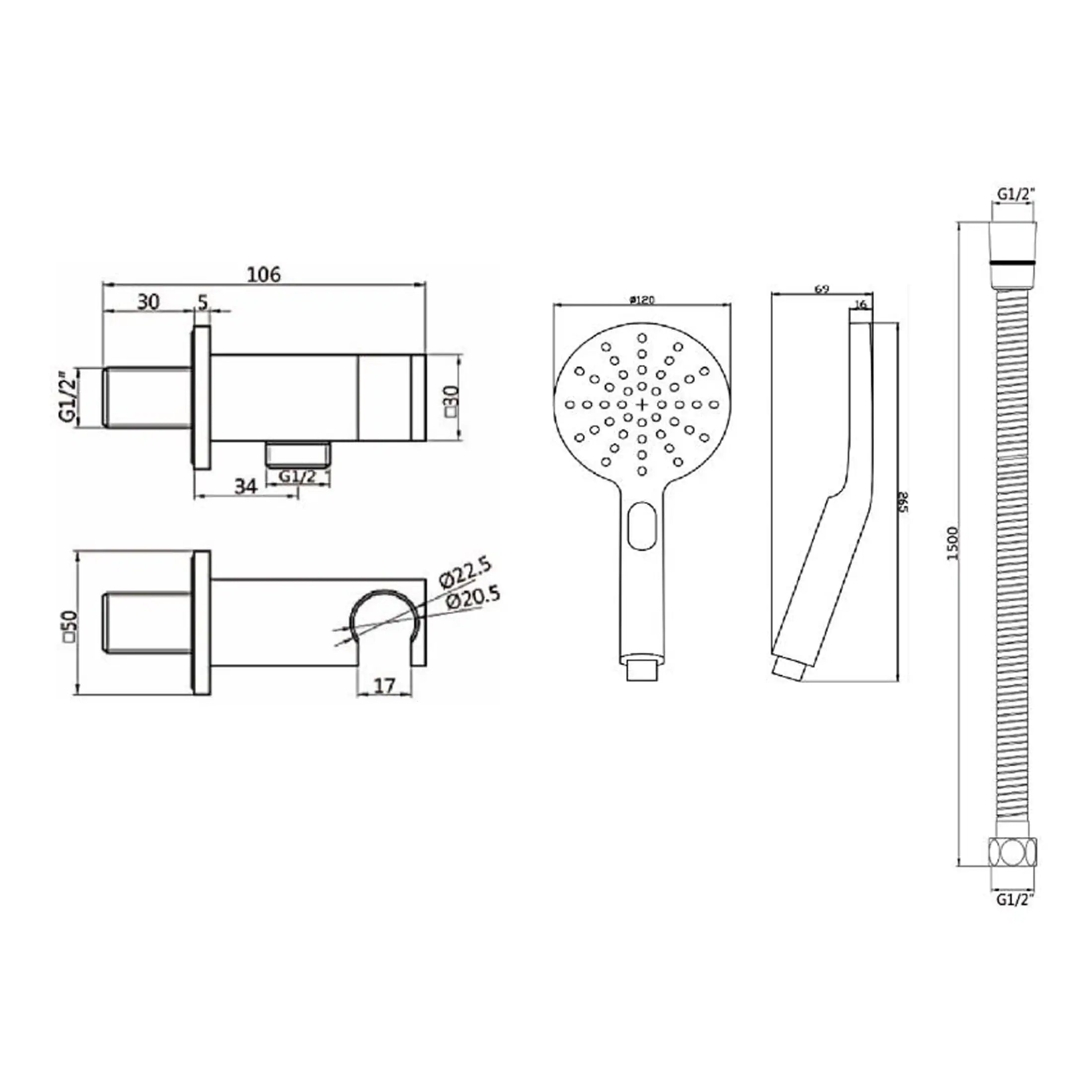High-quality bathroom showerhead and fixtures technical drawing for Bubly Bathrooms, showcasing product dimensions, connection sizes, and design details for modern bathroom renovation and plumbing projects.