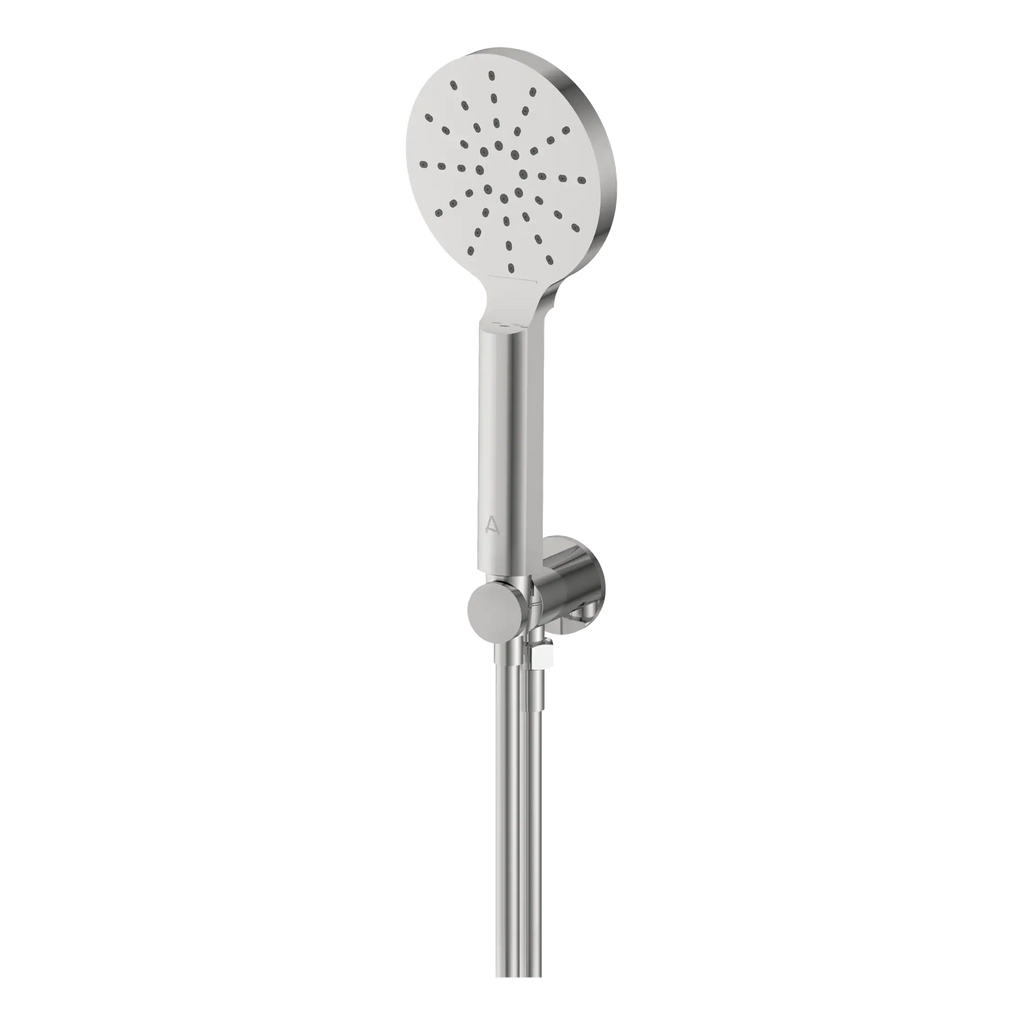 Sleek modern chrome handheld shower head with adjustable holder, perfect for luxurious Bubly bathrooms and high-quality bathroom upgrades.