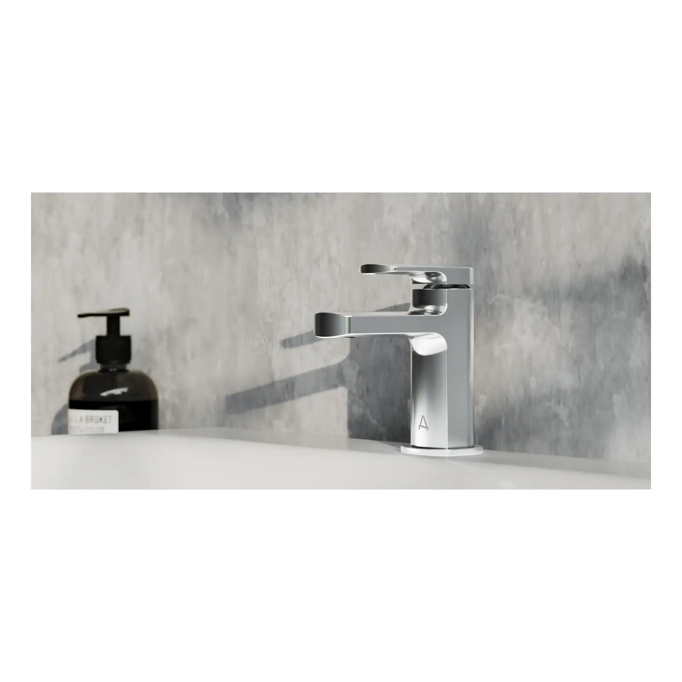 Sleek modern bathroom basin mixer tap with chrome finish on a concrete wall background, showcasing stylish bathroom fixtures for contemporary design.