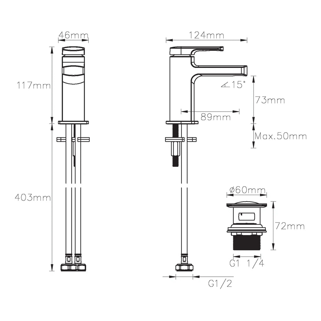 Sustainable bathroom sink fitting with detailed technical drawing, showcasing dimensions and installation angles, designed for modern bathroom renovation projects.