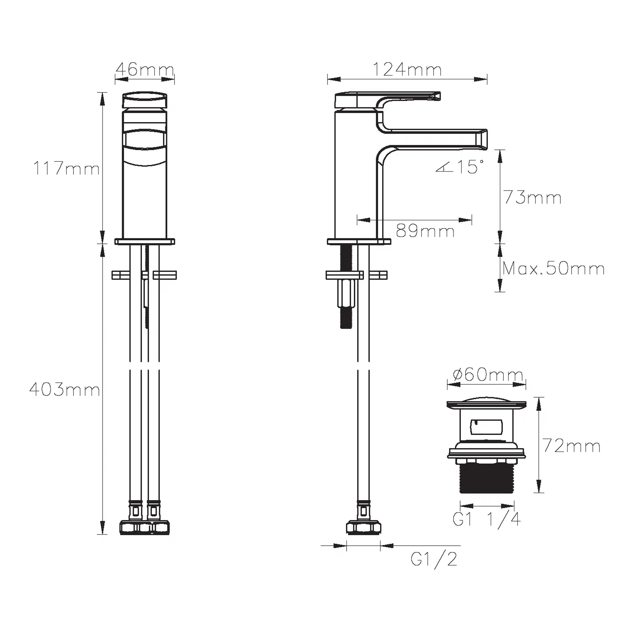Sustainable bathroom sink fitting with detailed technical drawing, showcasing dimensions and installation angles, designed for modern bathroom renovation projects.
