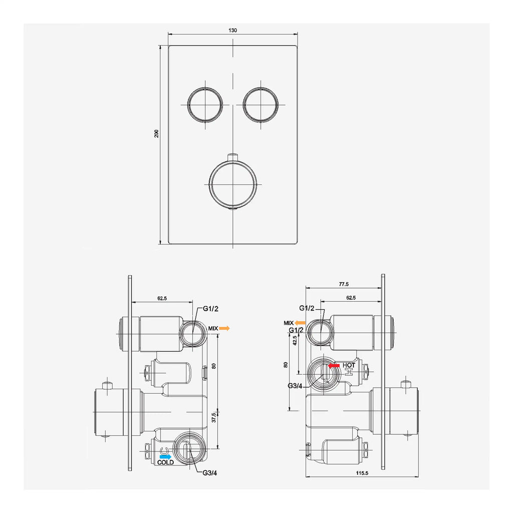 High-quality bathroom mixer valve technical drawing with precise measurements and installation details for Bubly Bathrooms.
