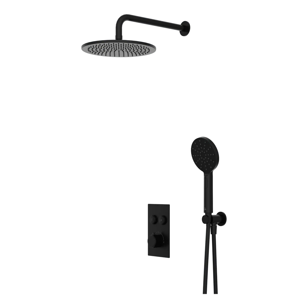 Modern black rainfall showerhead and handheld shower with wall-mounted mixer, perfect for stylish and functional bathroom upgrades.
