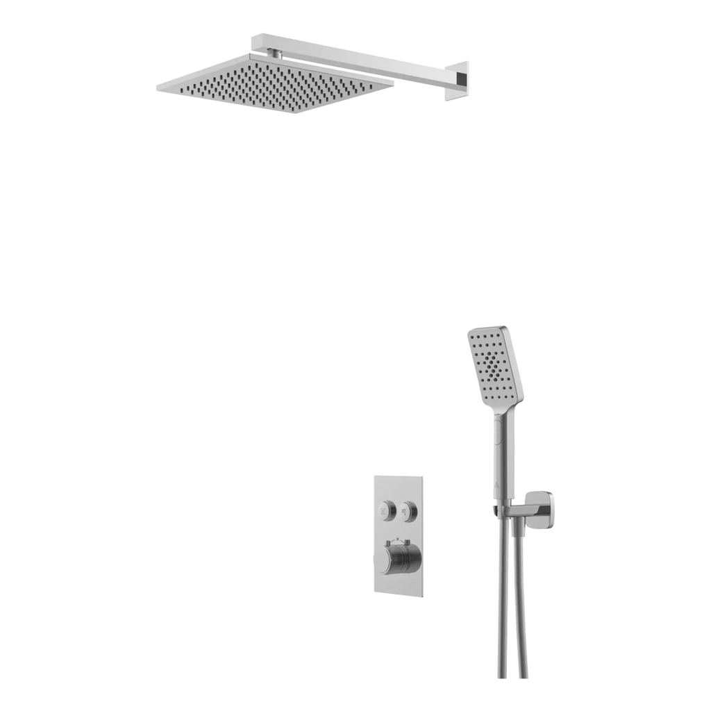Showerhead and handheld shower with modern bathroom fixtures for Bubly Bathrooms, ideal for luxury shower systems and bathroom renovations.