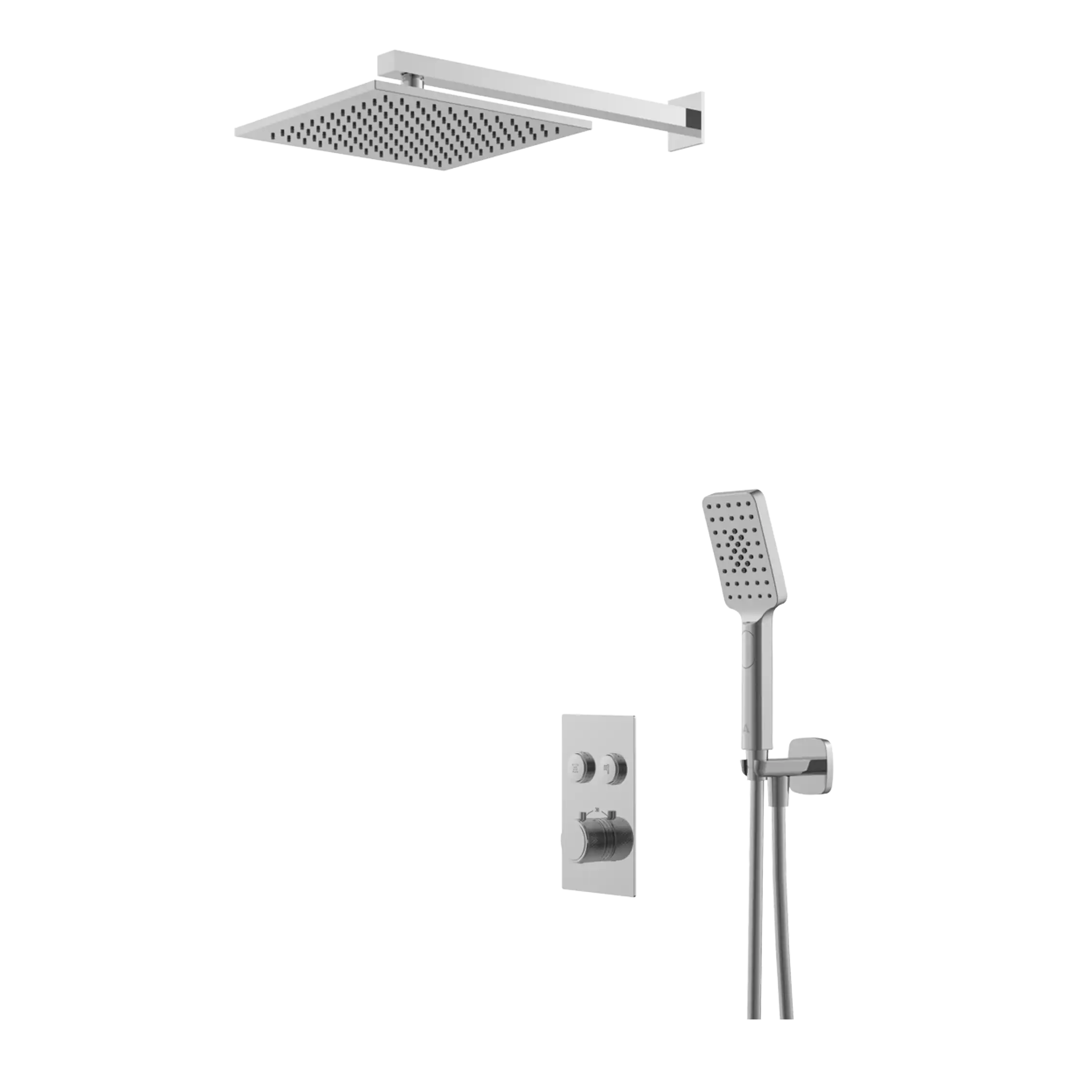 Showerhead and handheld shower with modern bathroom fixtures for Bubly Bathrooms, ideal for luxury shower systems and bathroom renovations.