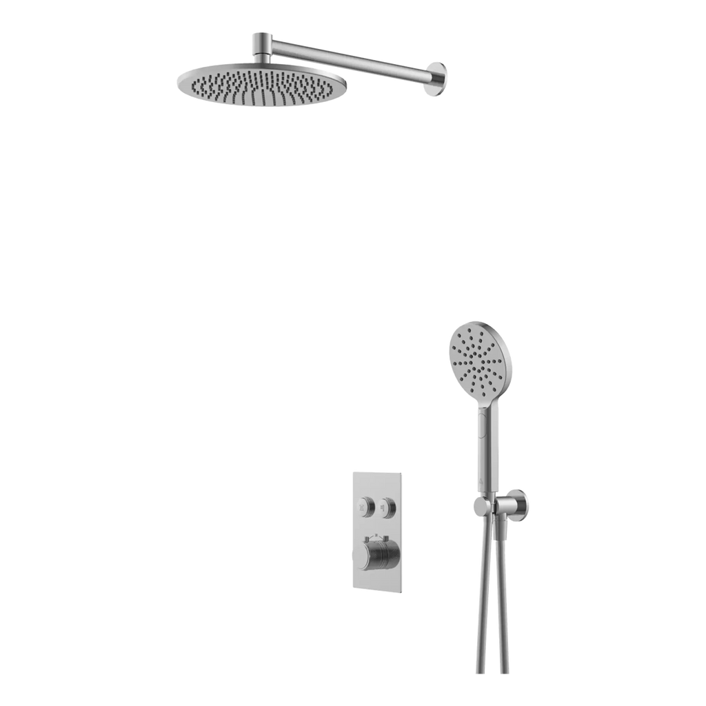 Modern chrome shower system with rainfall and handheld shower heads, thermostatic mixer, and wall controls for a luxury bathroom upgrade.