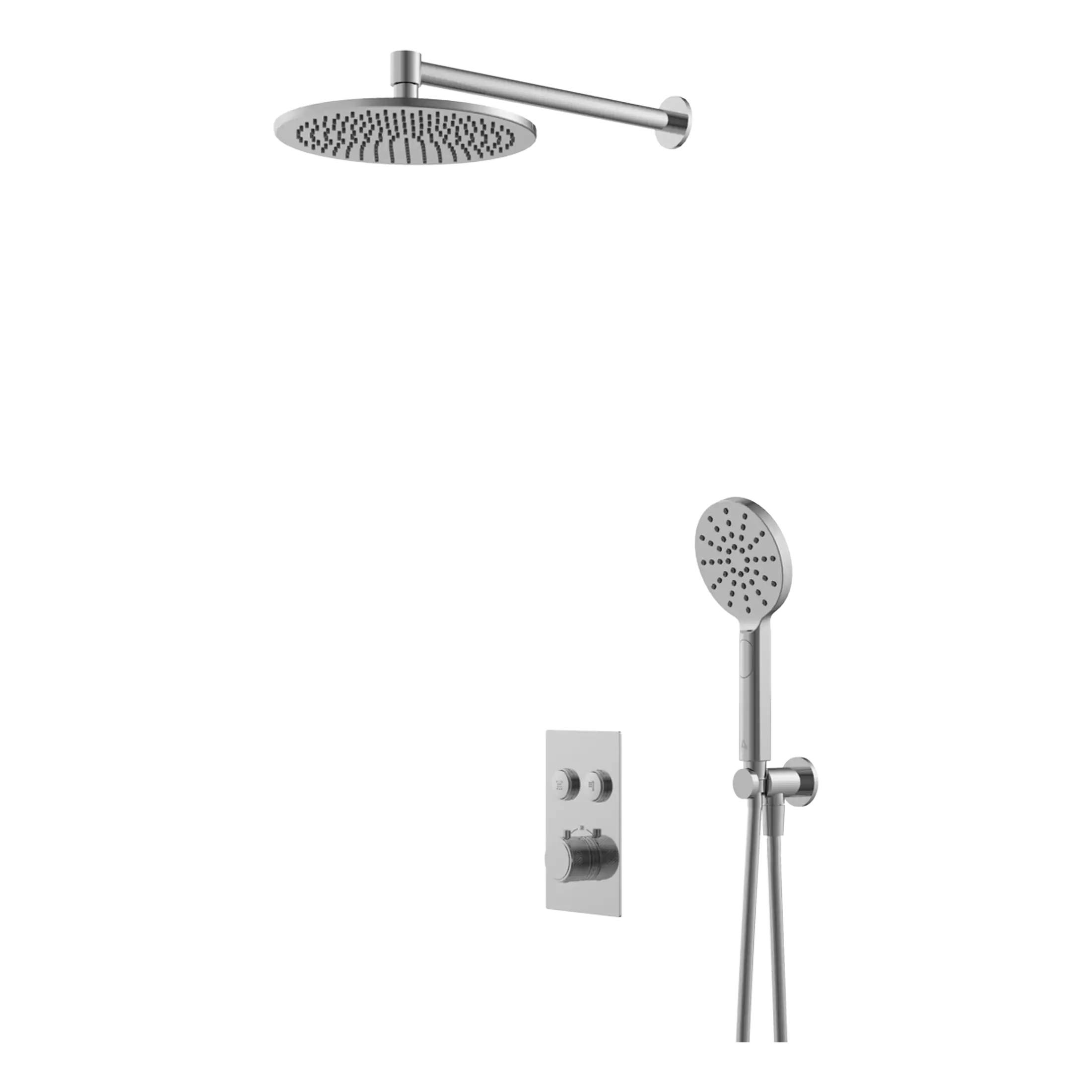 Modern chrome shower system with rainfall and handheld shower heads, thermostatic mixer, and wall controls for a luxury bathroom upgrade.
