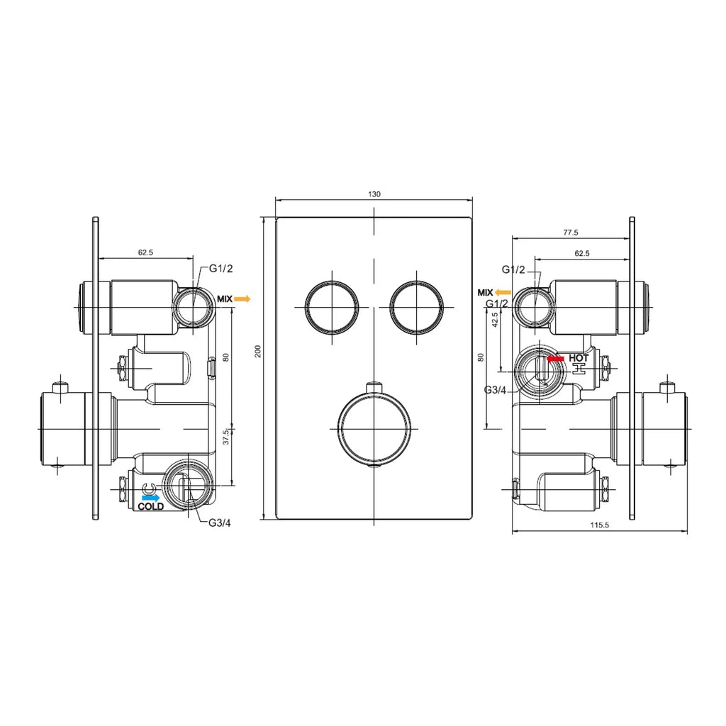 High-quality plumbing diagram showcasing Bubly Bathrooms' innovative bathroom valve system with detailed measurements and connection points for optimal plumbing installation.
