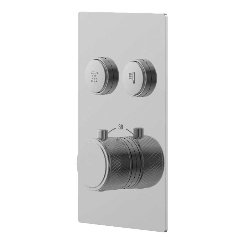 Sleek modern bathroom shower control panel with adjustable temperature and flow dials, designed for luxury and functionality in contemporary Bubly Bathrooms.