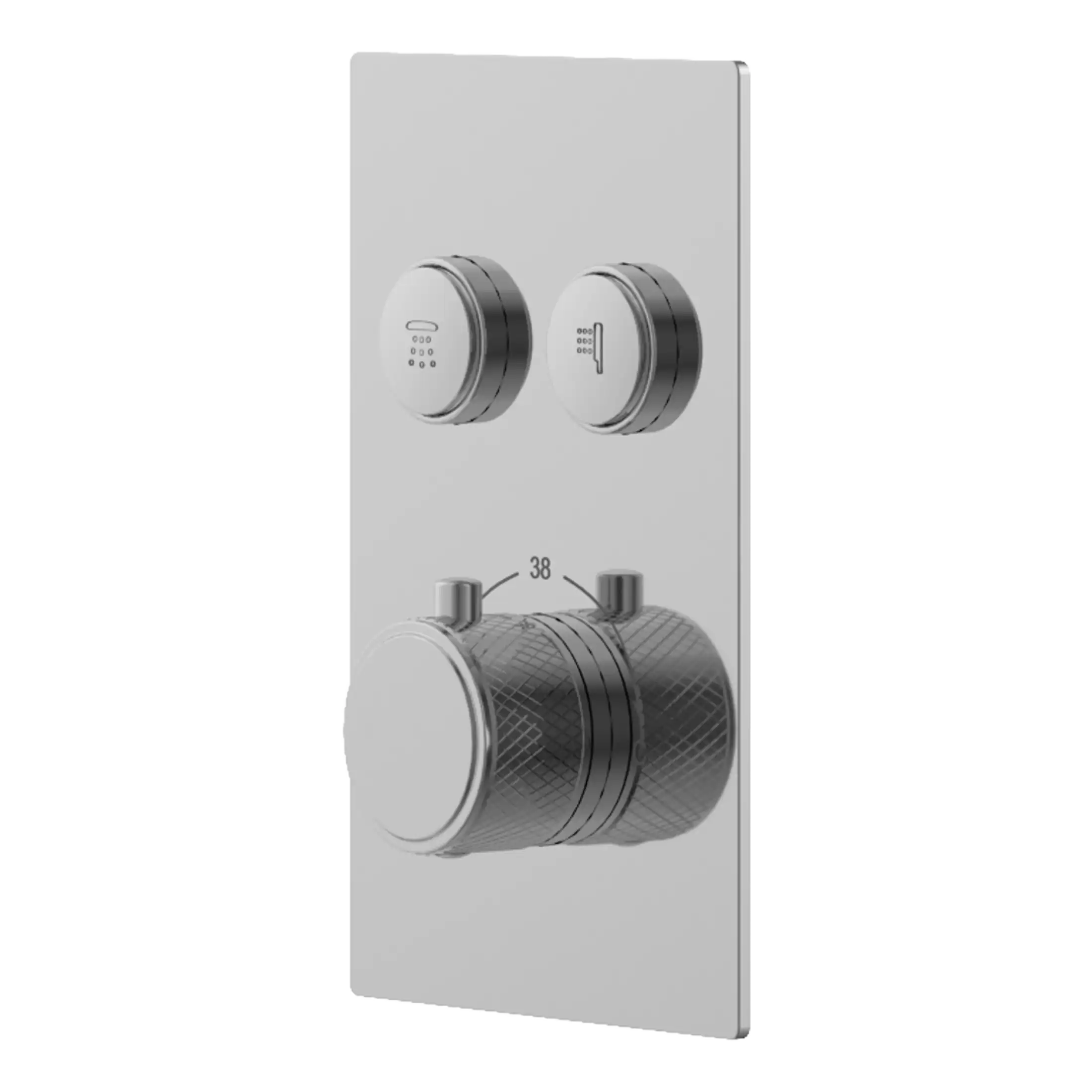 Sleek modern bathroom shower control panel with adjustable temperature and flow dials, designed for luxury and functionality in contemporary Bubly Bathrooms.