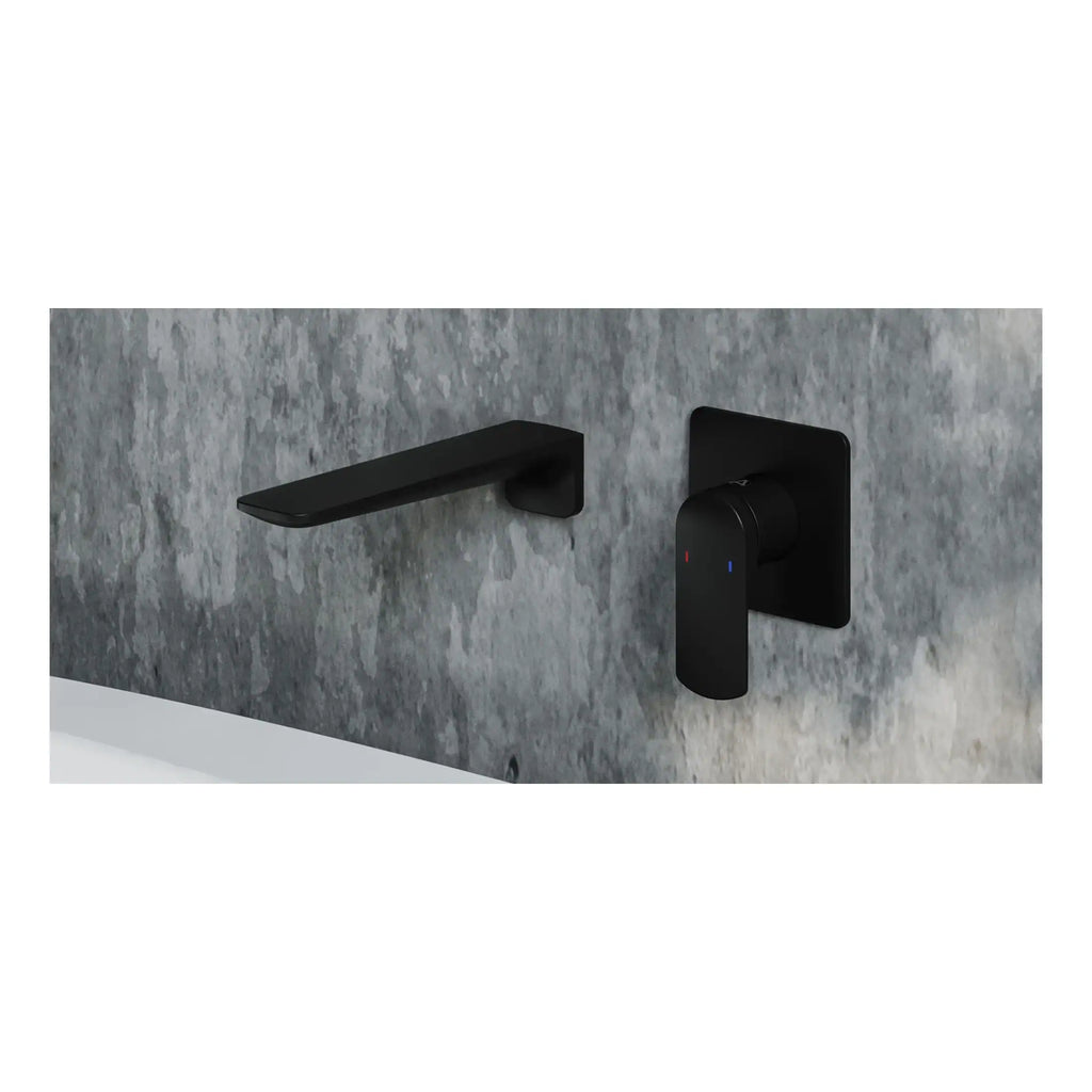 Sleek black modern bathroom tap and mixer on grey stone wall background, stylish and functional bathroom fixtures, ideal for contemporary bathroom design.