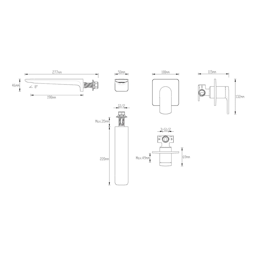 High-quality technical drawing of Bubly Bathrooms fixtures with detailed measurements for bathroom renovation and installation. Perfect for plumbing professionals and homeowners.
