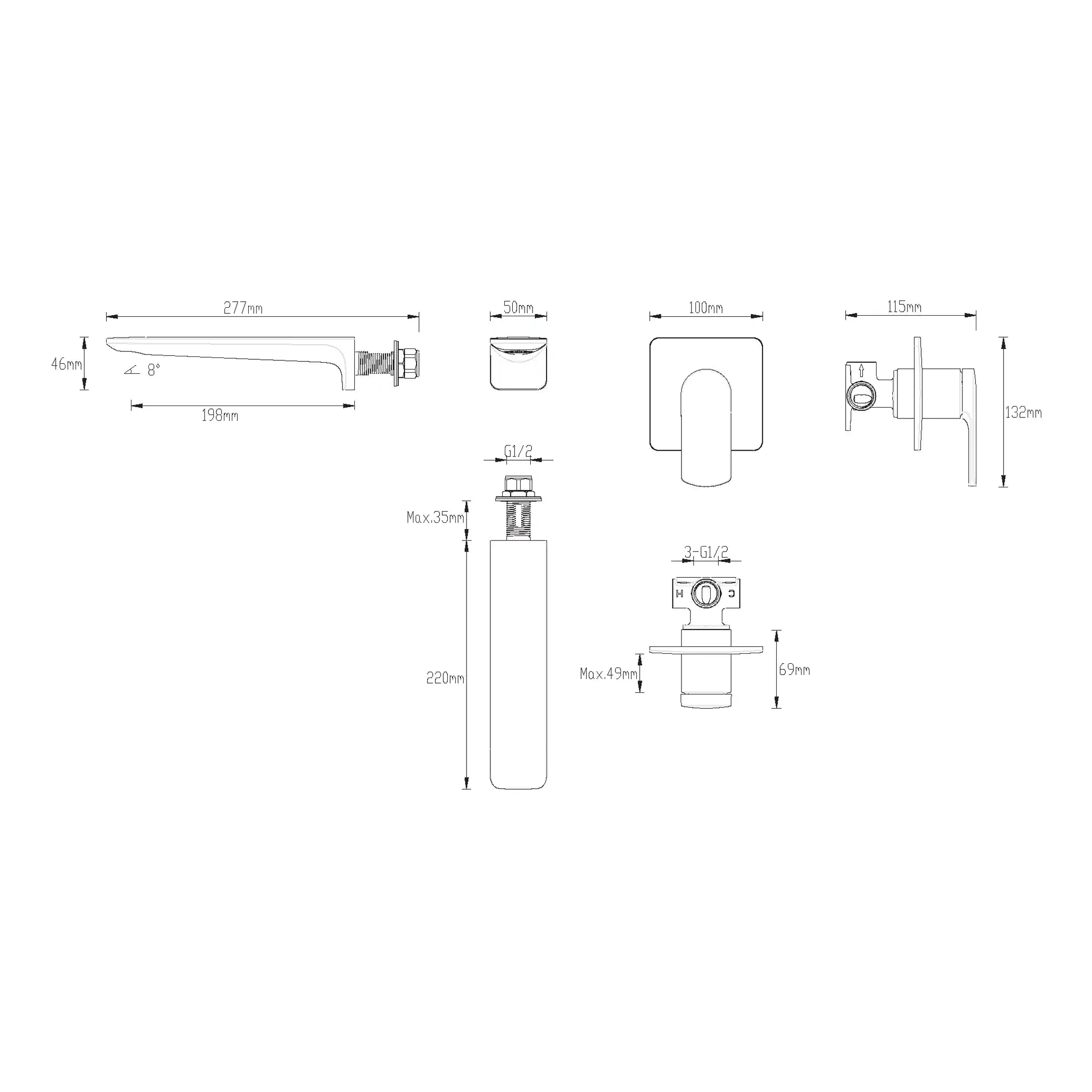 High-quality technical drawing of Bubly Bathrooms fixtures with detailed measurements for bathroom renovation and installation. Perfect for plumbing professionals and homeowners.