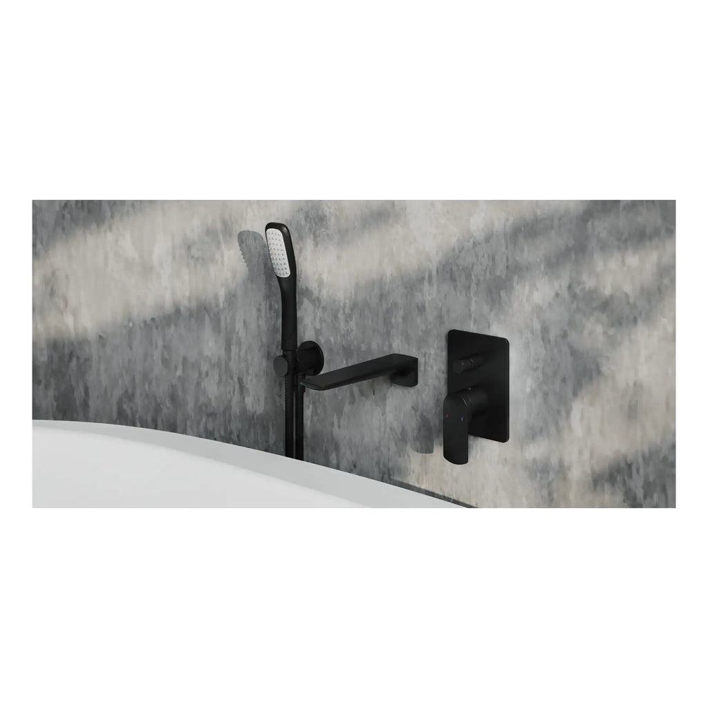 Sleek black wall-mounted bathtub faucet with integrated hand shower and control panel, modern bathroom mixer tap, minimalist design for luxury Bubly Bathrooms.