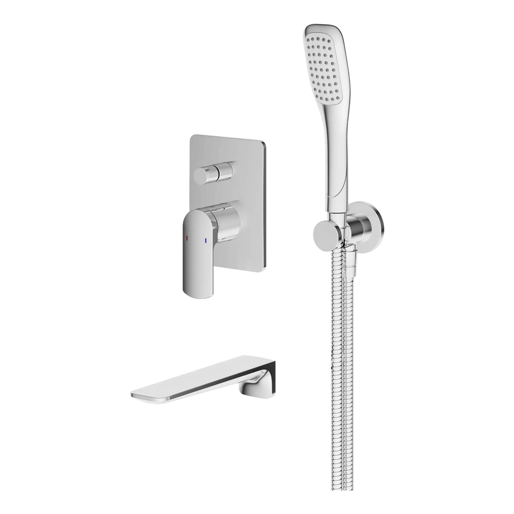 Modern chrome shower head and mixer tap set from Bubly Bathrooms, designed for contemporary bathrooms with sleek, high-quality fixtures. Perfect for enhancing your shower experience.