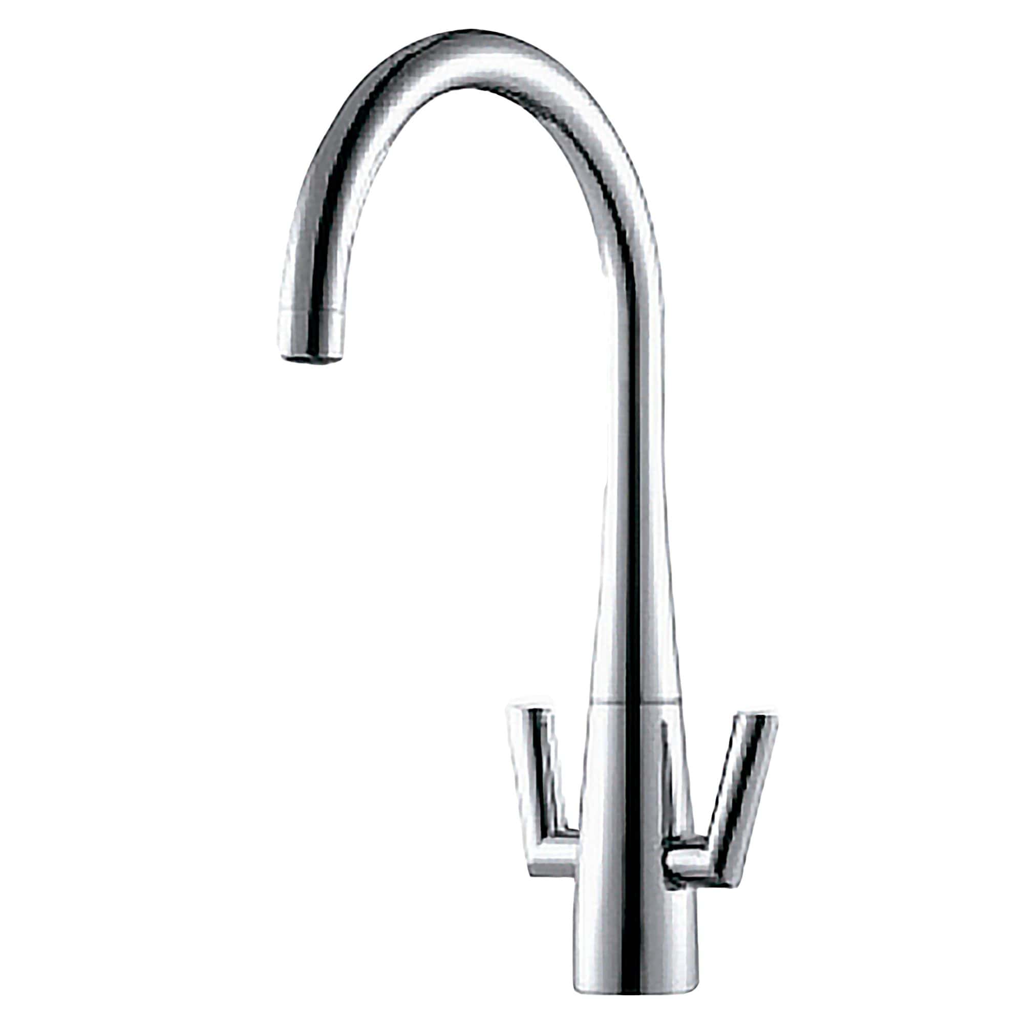 Sleek modern chrome kitchen sink faucet with two handles, ideal for contemporary bathroom and kitchen decor focus.