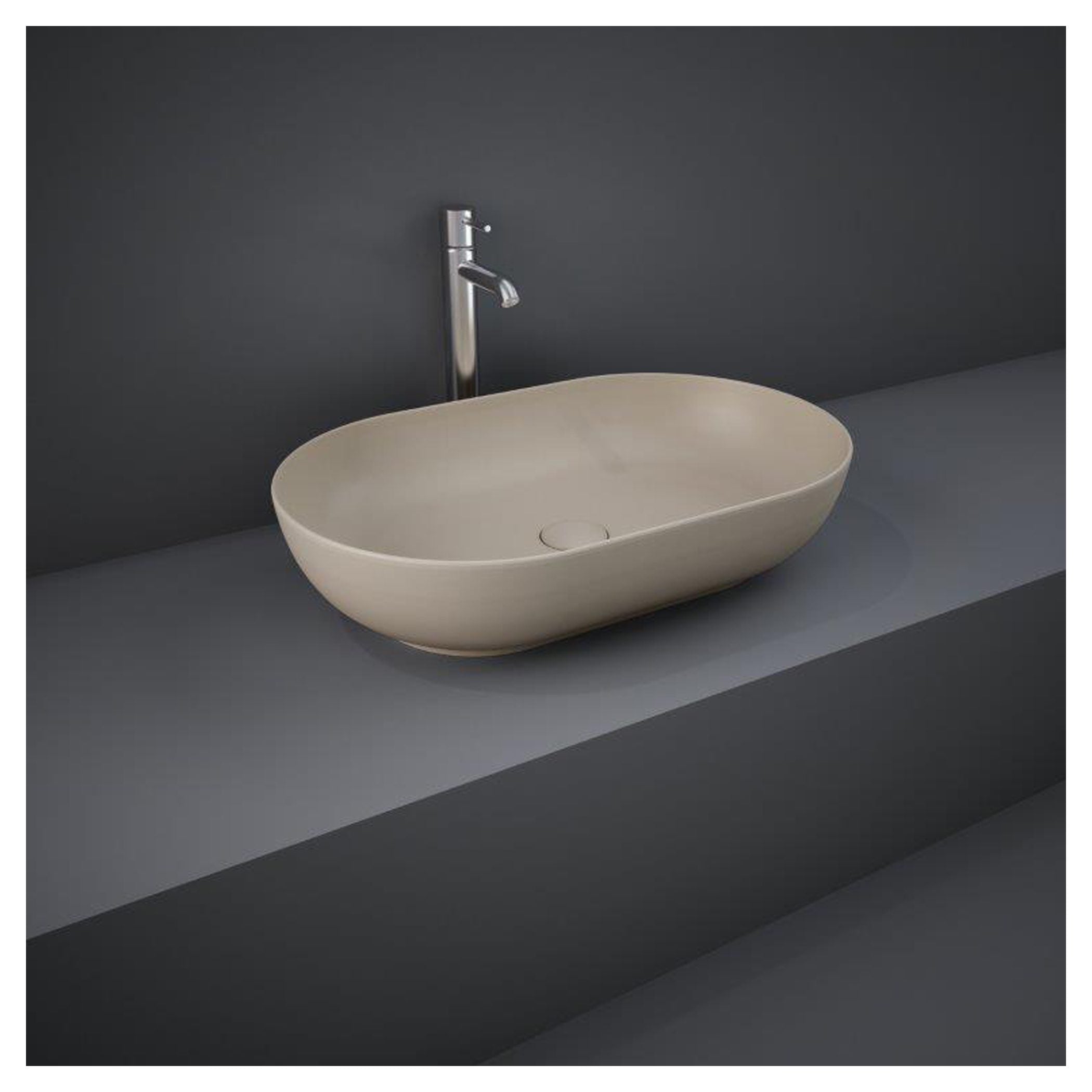 Sleek beige bathroom sink with modern chrome faucet on minimalist grey vanity for stylish bathroom design.