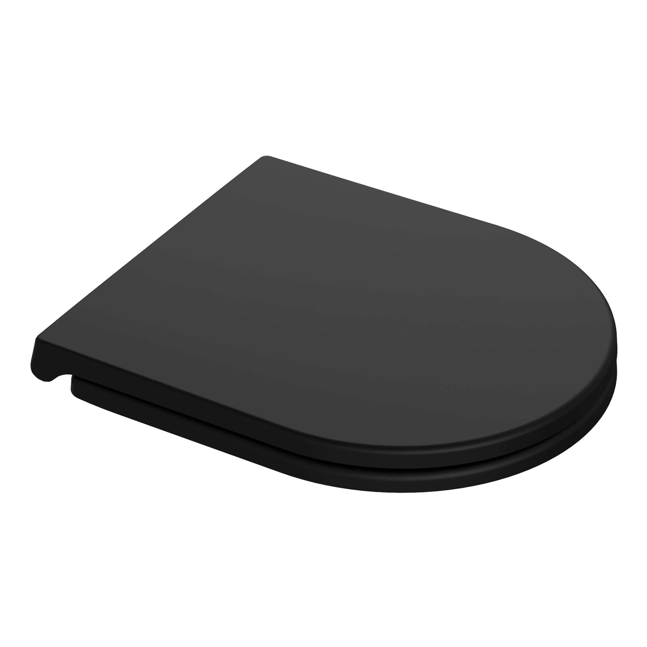 Compact black toilet seat with soft-close lid for modern bathroom comfort and hygiene.