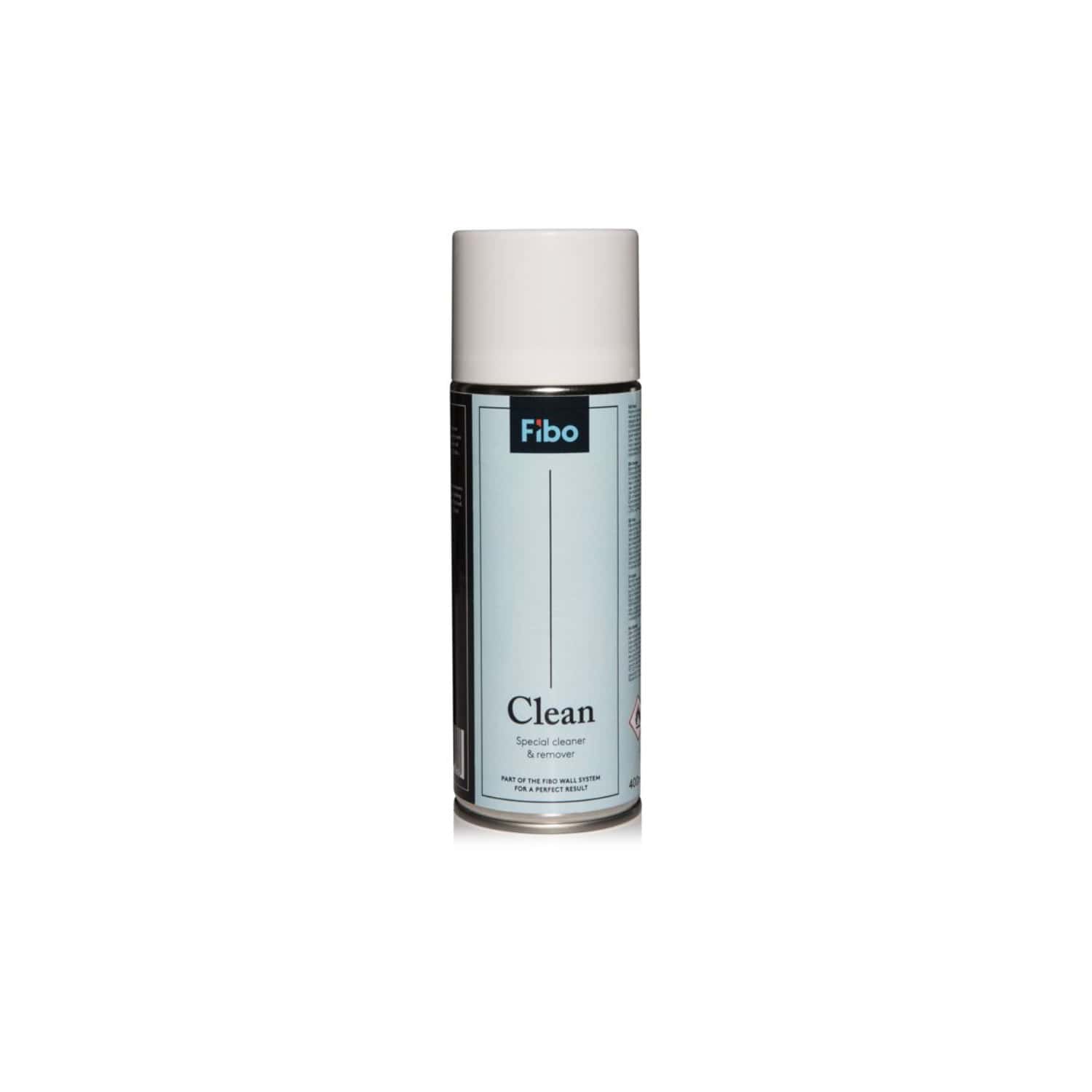 Aerosol can of Fibo Clean spray for bathroom cleaning and maintenance, featuring a white cap, black, blue, and white label with product information, designed for effective bathroom hygiene.