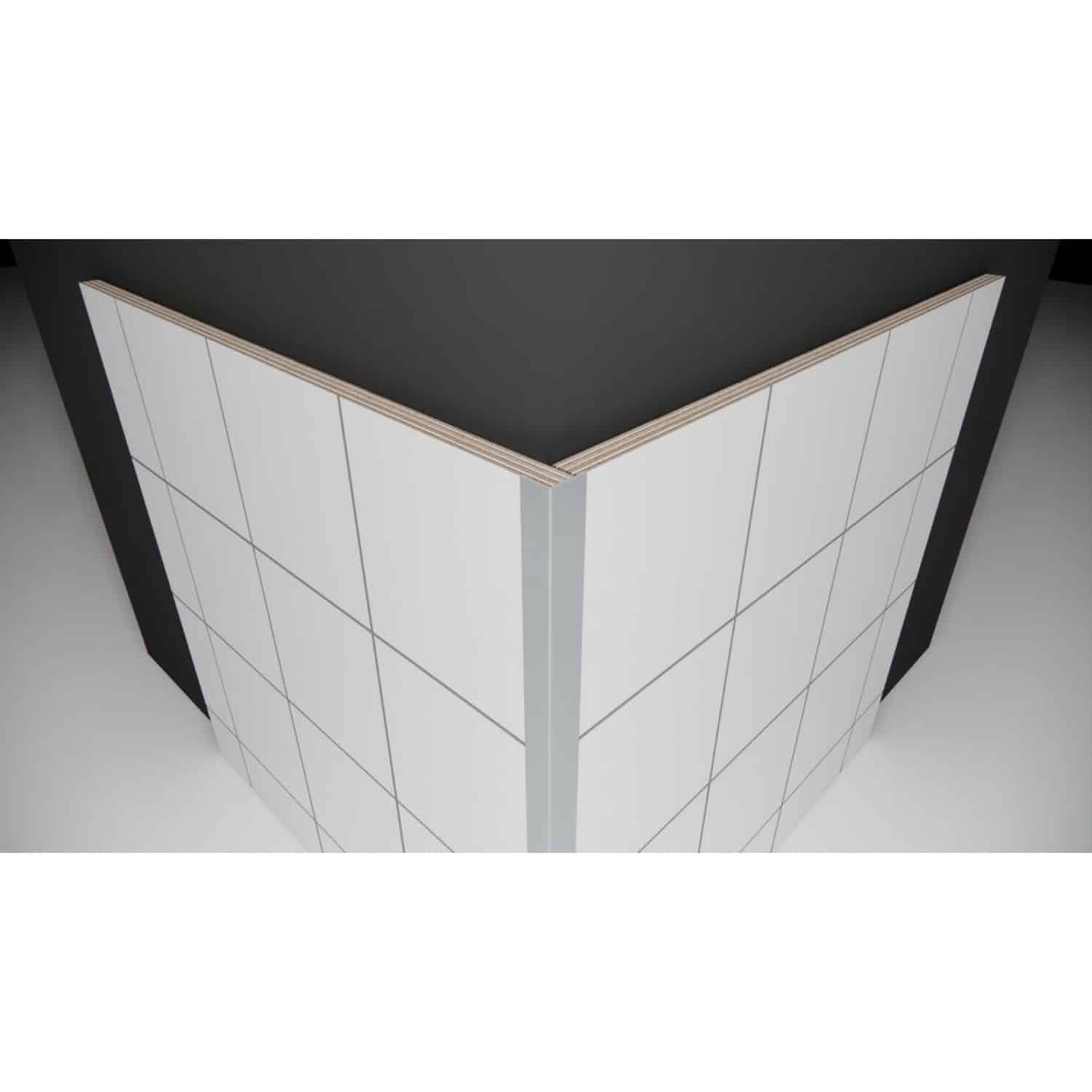 White tiled bathroom counter with black edge, modern and sleek design, perfect for contemporary bathroom interiors, featuring seamless square tiles and clean lines.