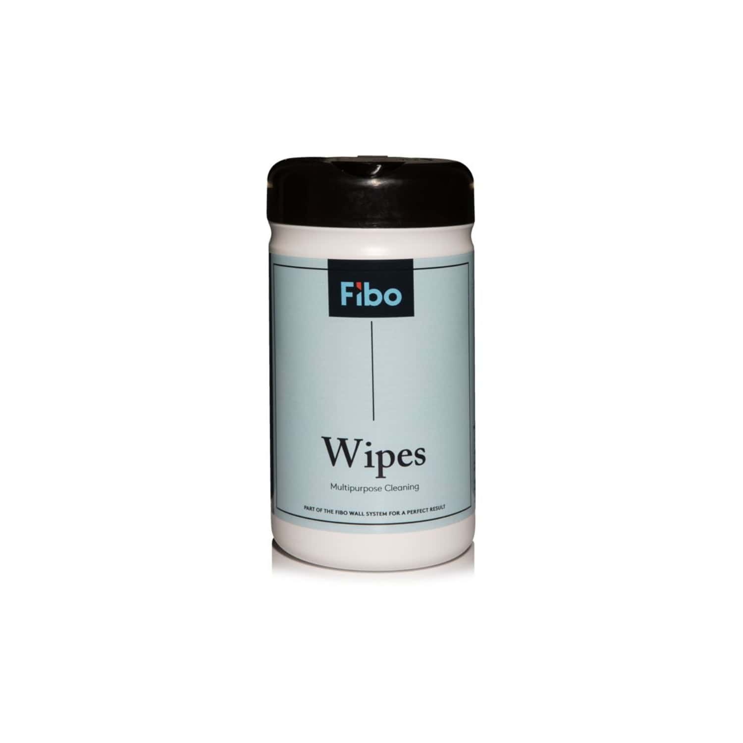 Silvery container of Fibo wipes for bathroom cleaning, multipurpose disinfectant cloths in a handy cylindrical jar.