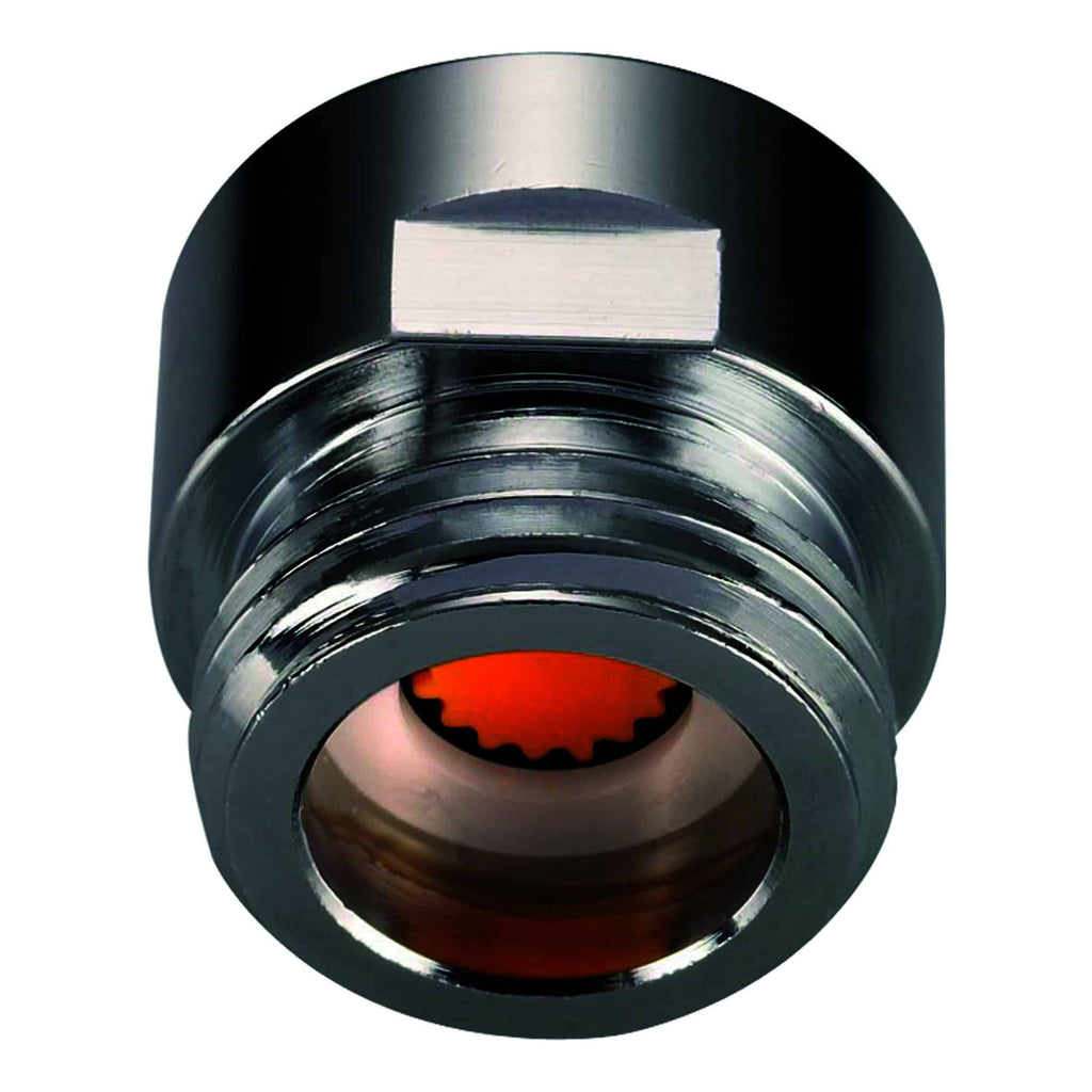 Compressed metal pipe fitting with red interior and threaded exterior, used in plumbing fixtures.