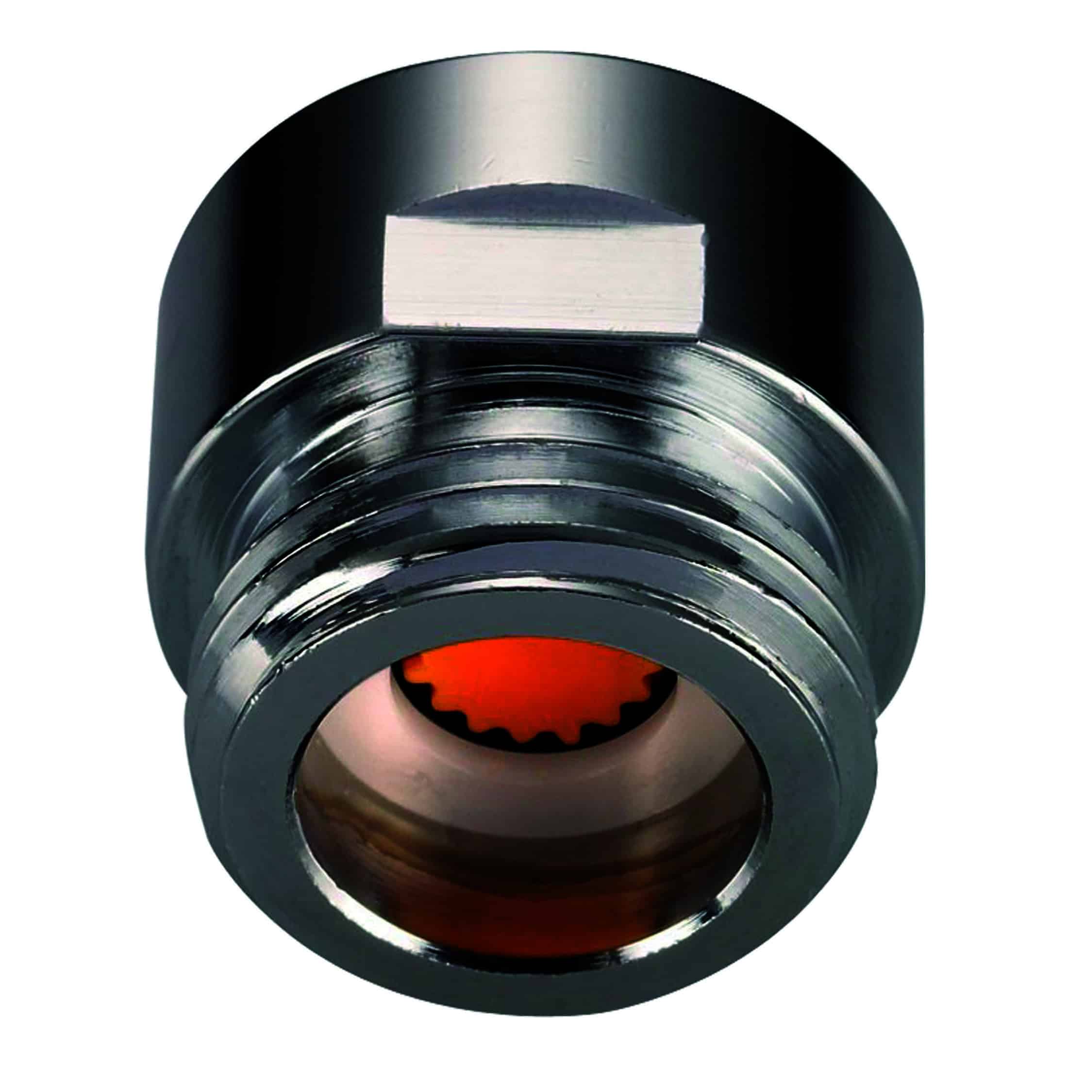 Compressed metal pipe fitting with red interior and threaded exterior, used in plumbing fixtures.