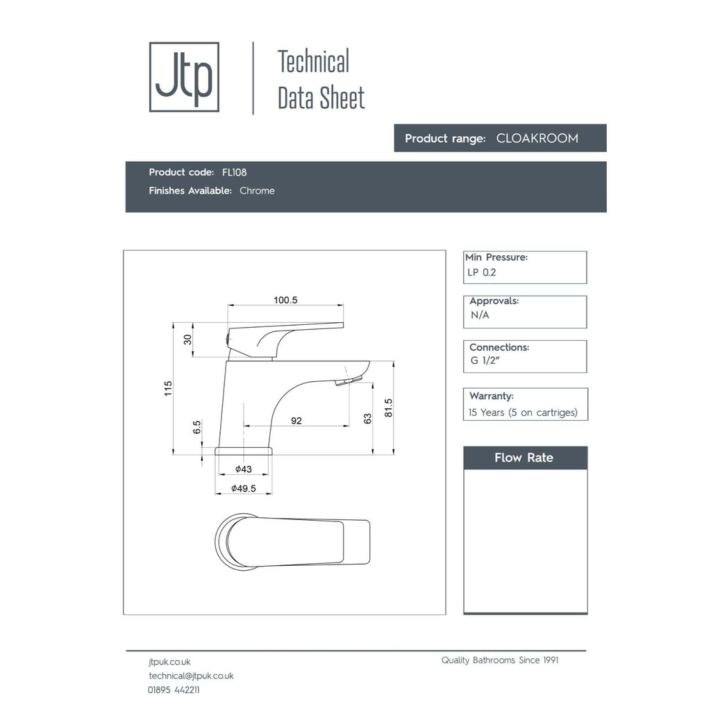 Sleek chrome bathroom tap with precise measurements and modern design, ideal for contemporary bathrooms and cloakrooms. Suitable for standard G 1/2 inch connections.